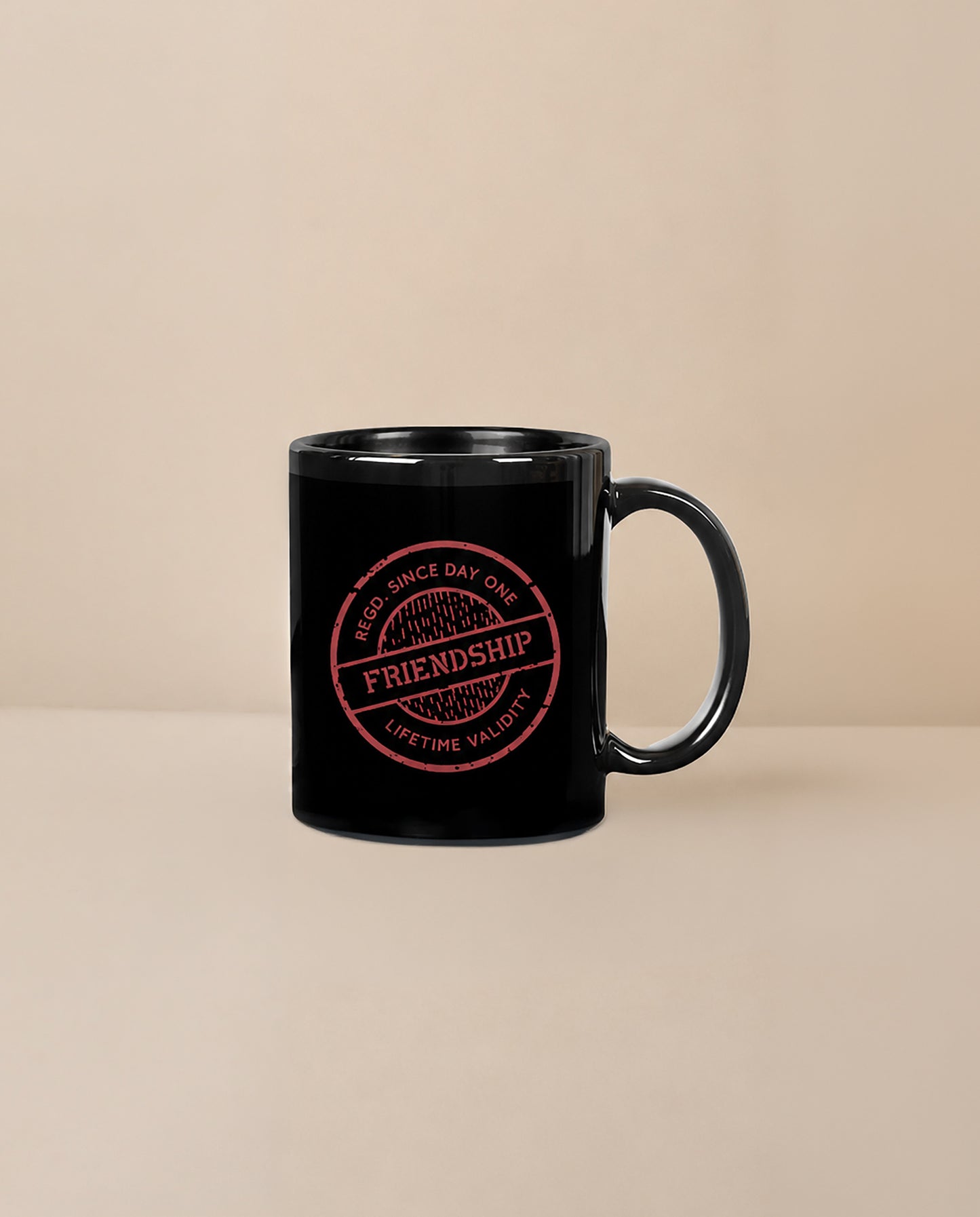 LIFETIME VALIDITY black ceramic coffee mug from the Friendship Series by Deziners5.