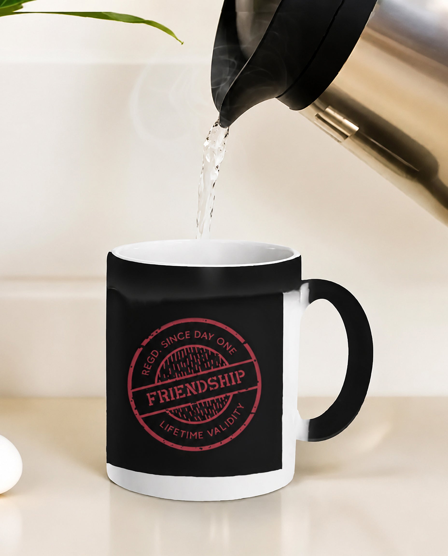 LIFETIME VALIDITY Friendship Series premium magic coffee mug in black.