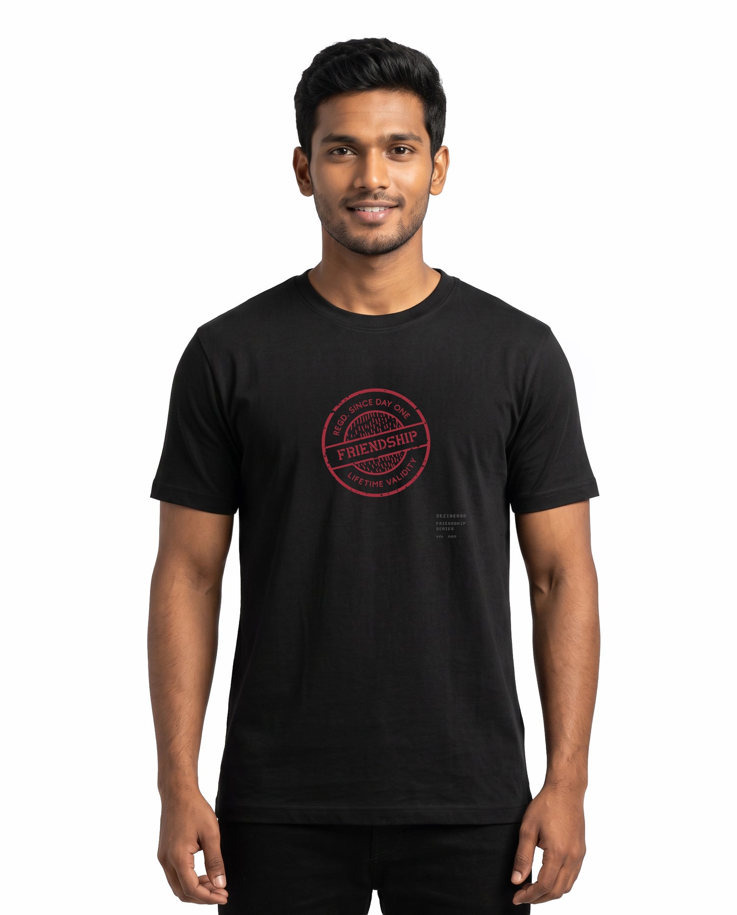 Male model wearing LIFETIME VALIDITY men's regular-fit t-shirt in black in a studio setting.