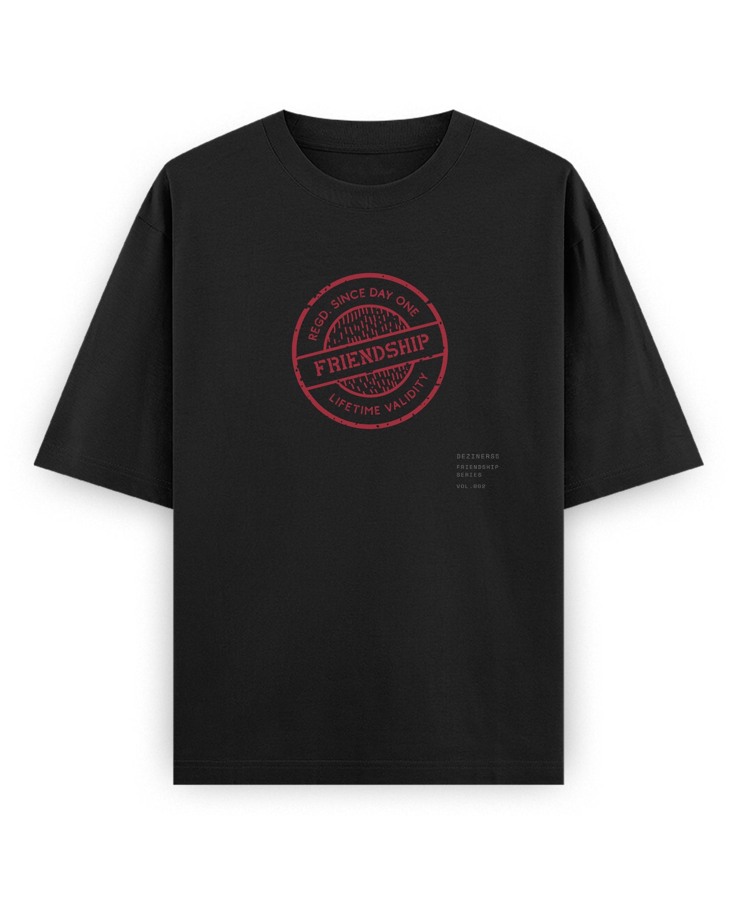 Front view of LIFETIME VALIDITY unisex oversized graphic t-shirt in black.