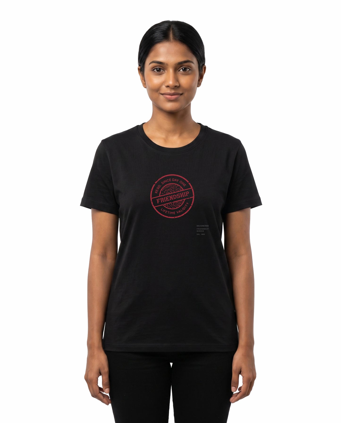 Female model wearing LIFETIME VALIDITY women's regular-fit t-shirt in black in a studio setting.
