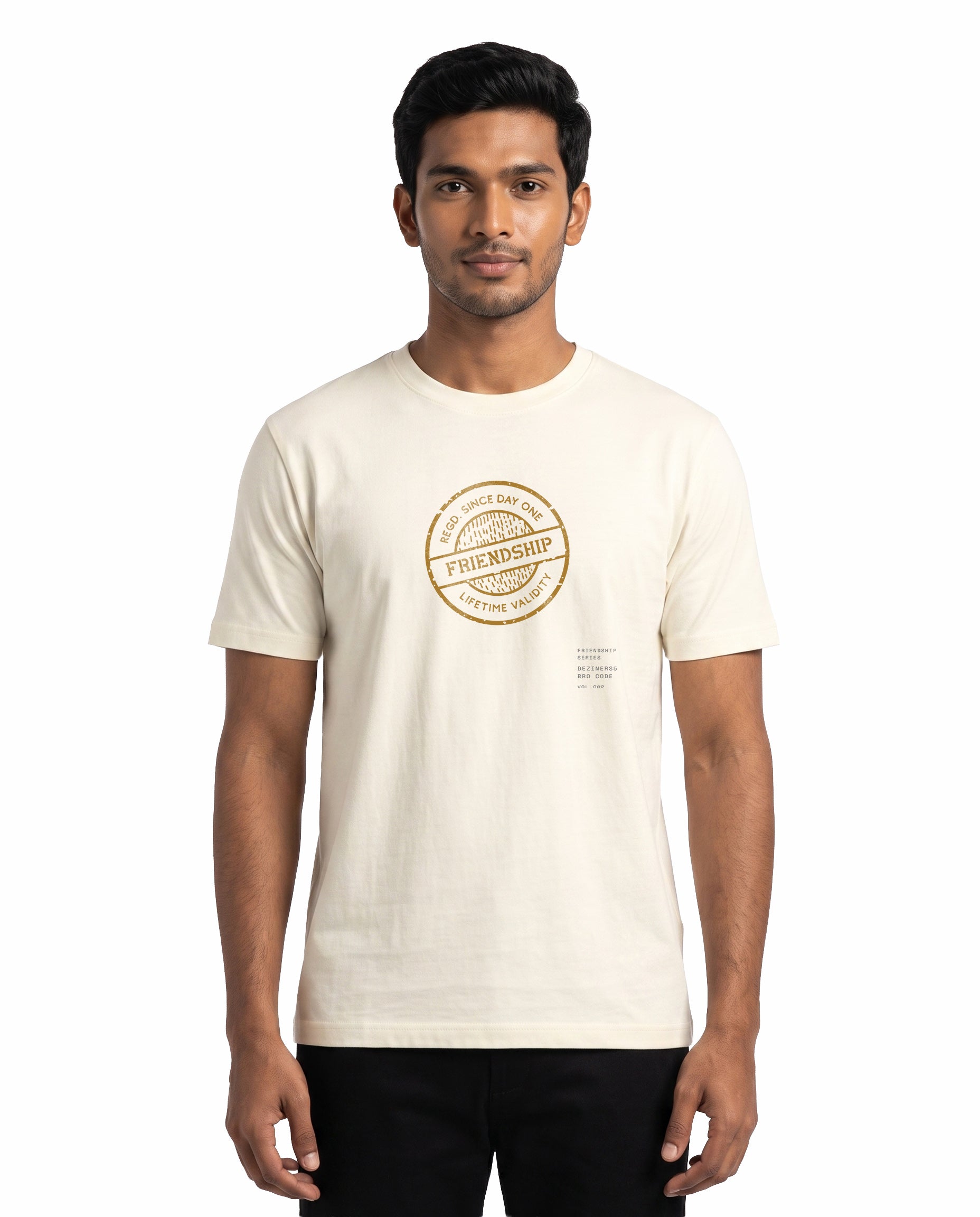 Male model wearing LIFETIME VALIDITY men's regular-fit t-shirt in off-white in a studio setting.