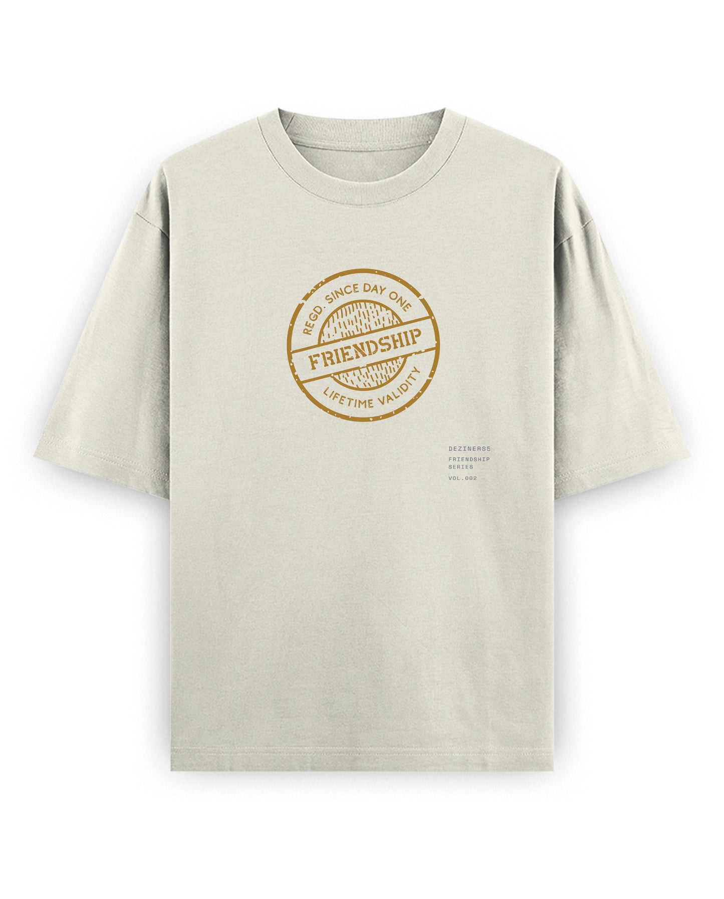 Front view of LIFETIME VALIDITY unisex oversized graphic t-shirt in off-white.