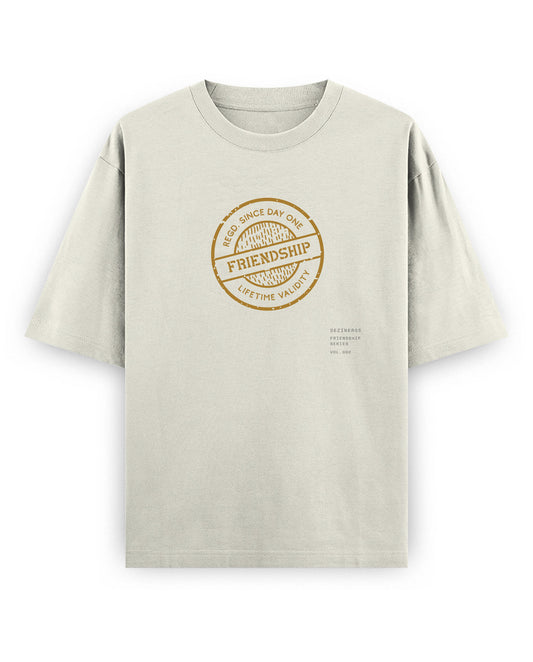 Front view of LIFETIME VALIDITY unisex oversized graphic t-shirt in off-white.