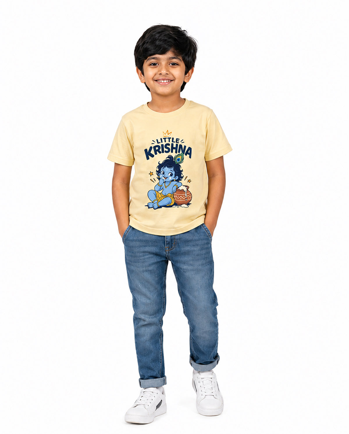 Front view of boy wearing LITTLE KRISHNA - Boys Regular Fit T-Shirt in beige in a studio setting.