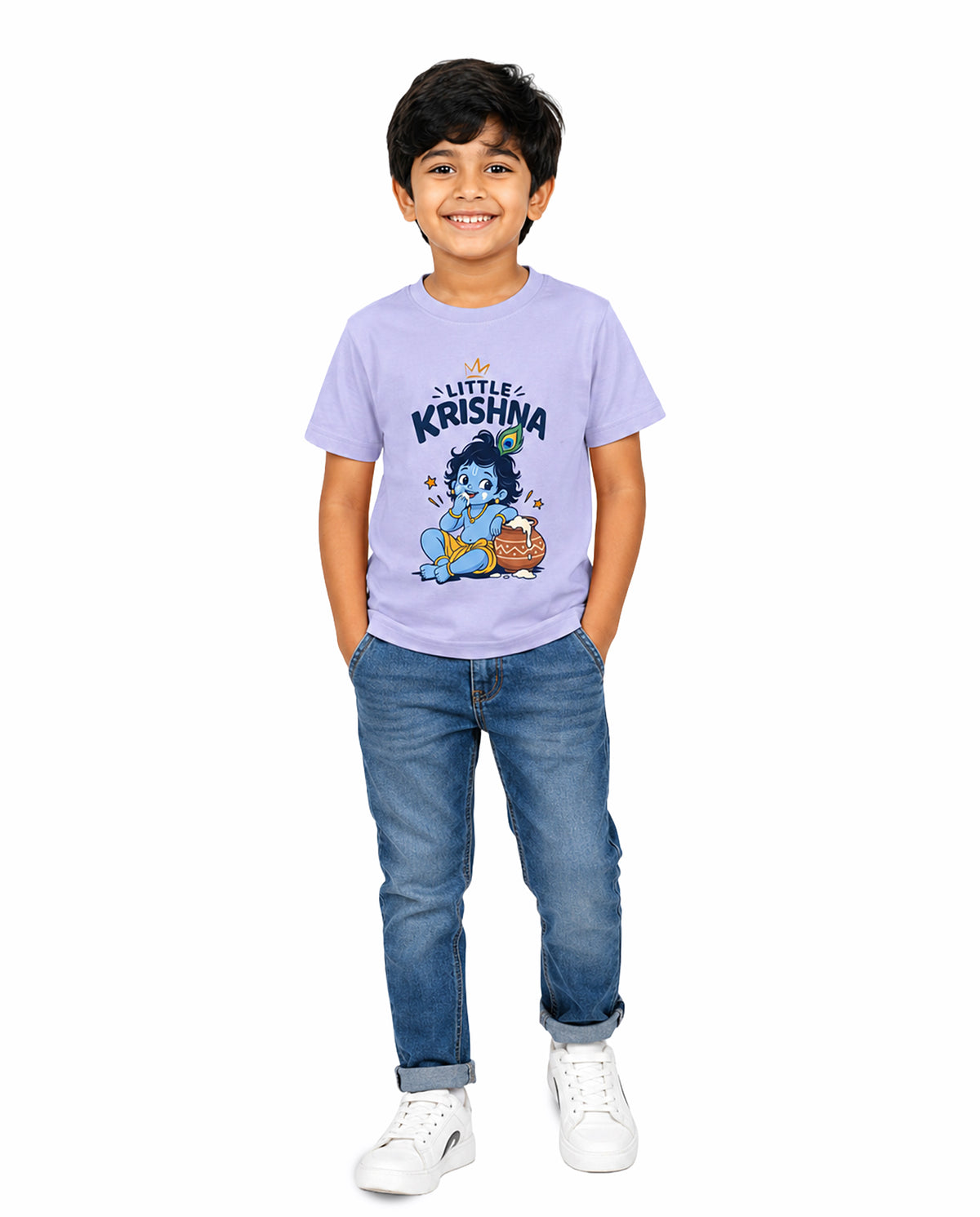 Front view of boy wearing LITTLE KRISHNA - Boys Regular Fit T-Shirt in lavender in a studio setting.