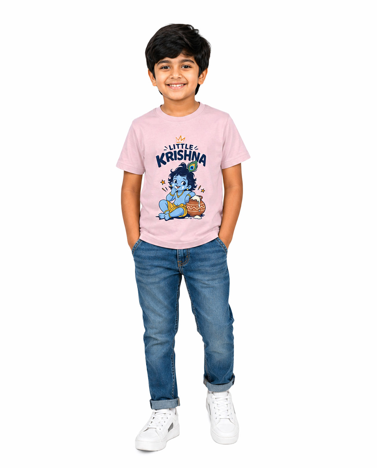 Front view of boy wearing LITTLE KRISHNA - Boys Regular Fit T-Shirt in light baby pink in a studio setting.
