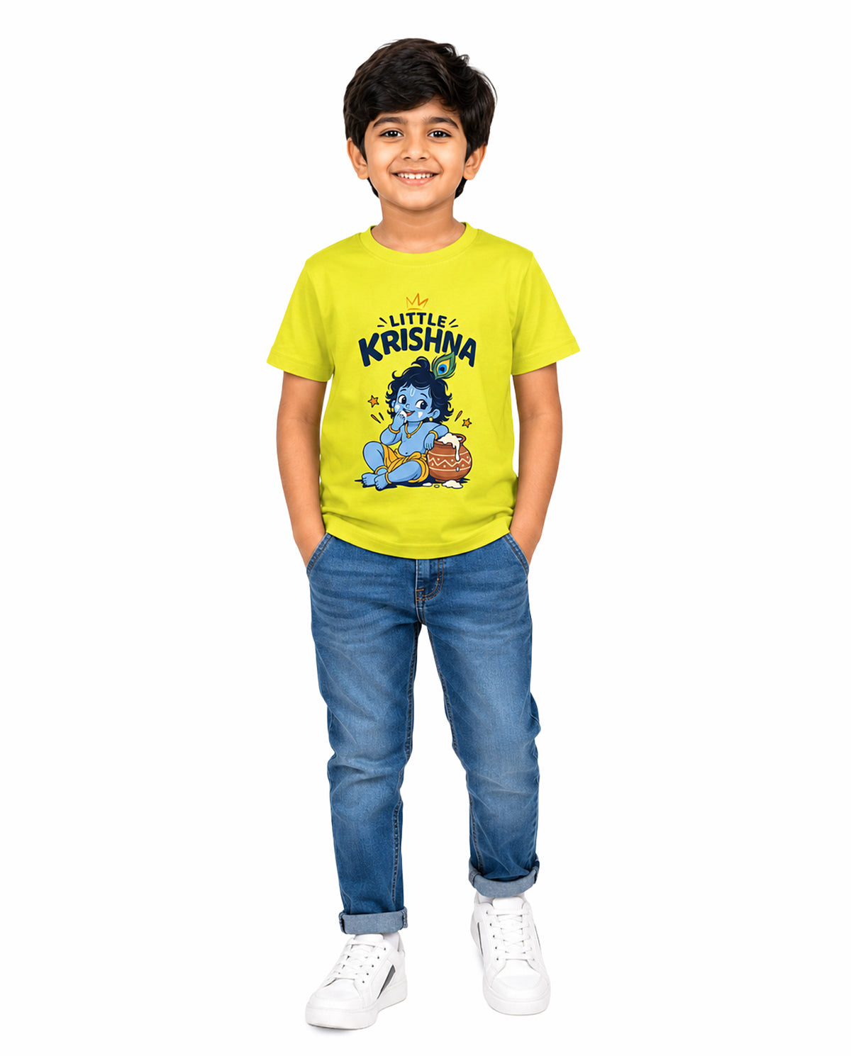 Front view of boy wearing LITTLE KRISHNA - Boys Regular Fit T-Shirt in new yellow in a studio setting.