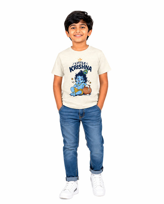 Front view of boy wearing LITTLE KRISHNA - Boys Regular Fit T-Shirt in off-white in a studio setting.