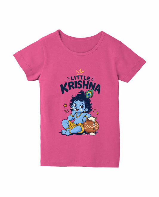 Front view of LITTLE KRISHNA - Girls Regular Fit T-Shirt in pink.