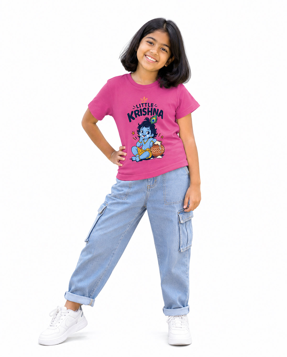 Front view of girl wearing LITTLE KRISHNA - Girls Regular Fit T-Shirt in pink in a studio setting.