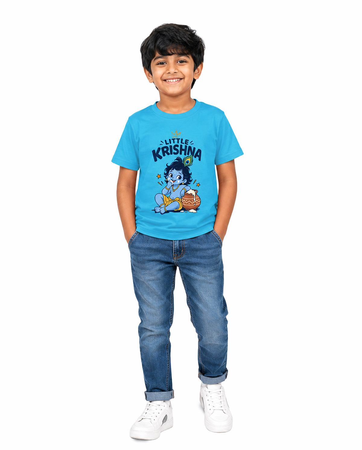 Front view of boy wearing LITTLE KRISHNA - Boys Regular Fit T-Shirt in sky blue in a studio setting.