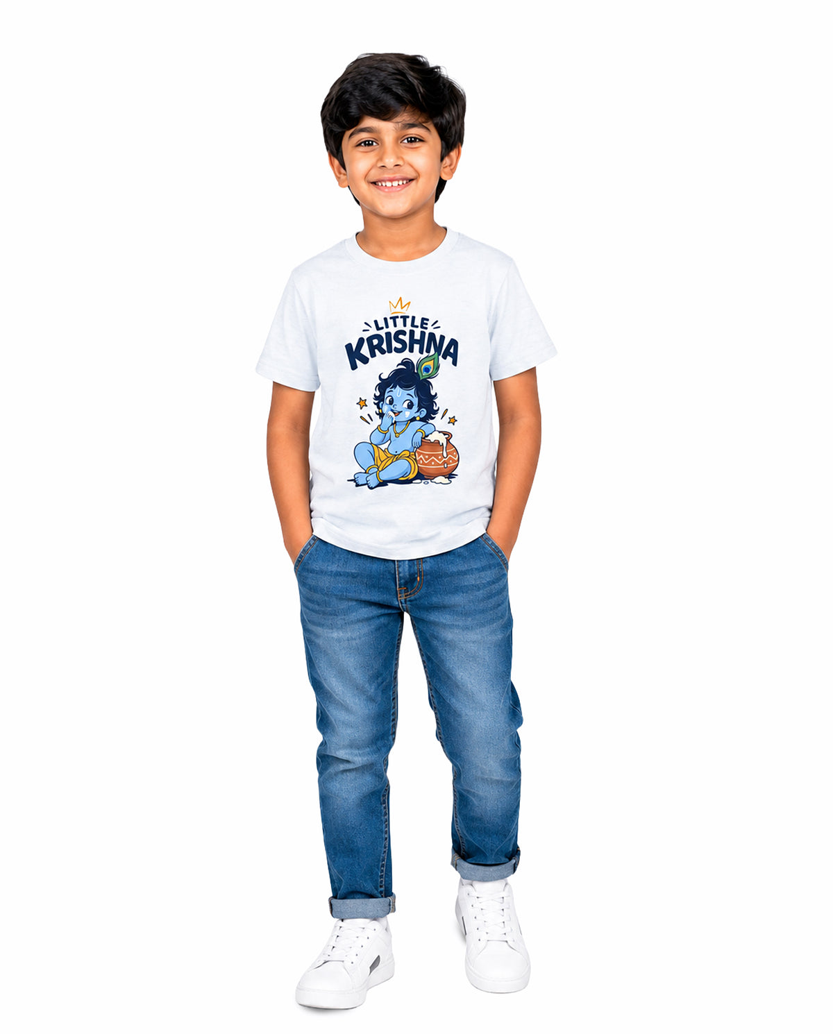 Front view of boy wearing LITTLE KRISHNA - Boys Regular Fit T-Shirt in white in a studio setting.