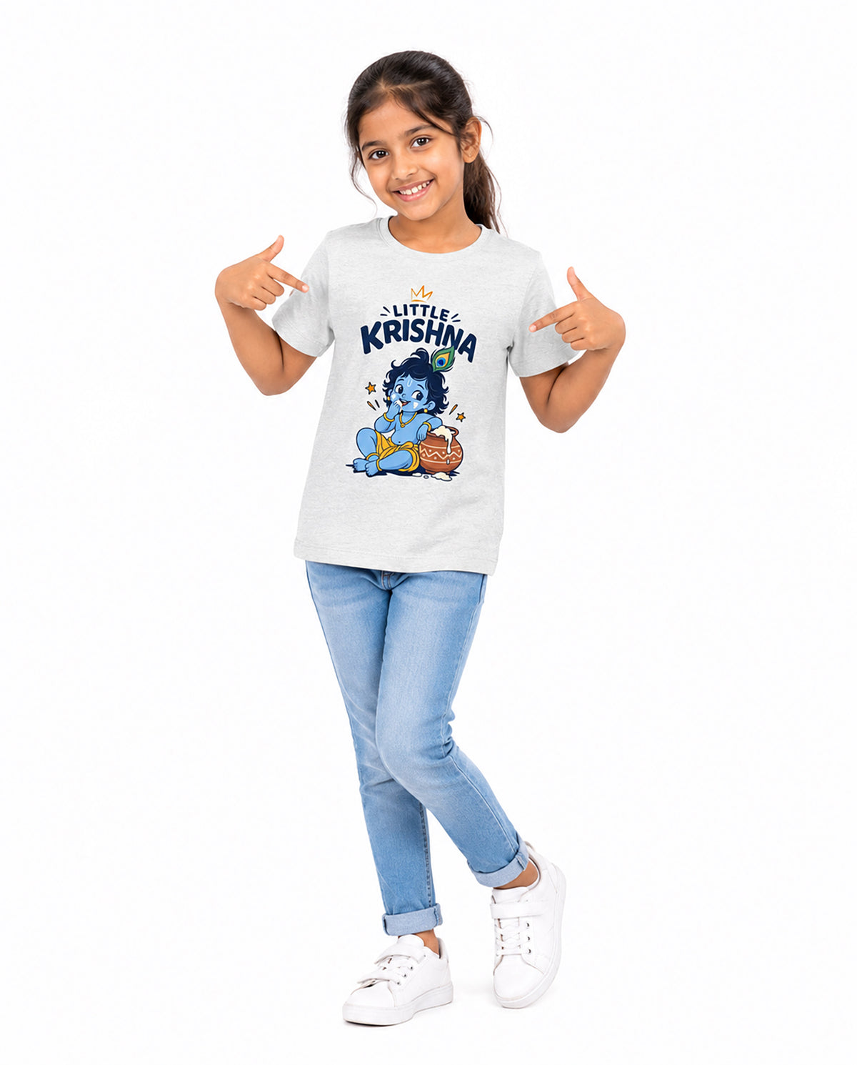 Front view of girl wearing LITTLE KRISHNA - Girls Regular Fit T-Shirt in white in a studio setting.