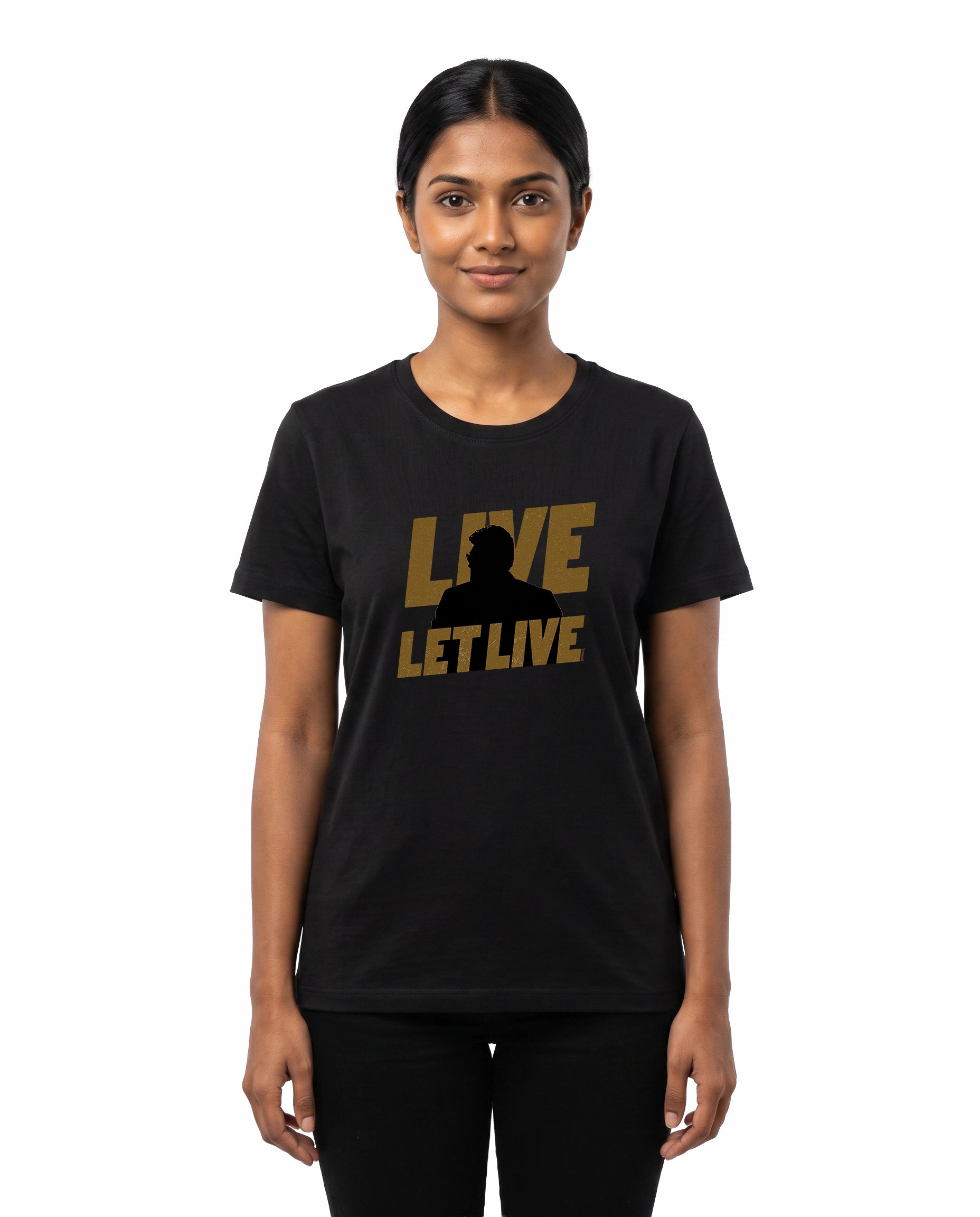 Female model wearing LIVE & LET LIVE women's regular-fit t-shirt in black in a studio setting.