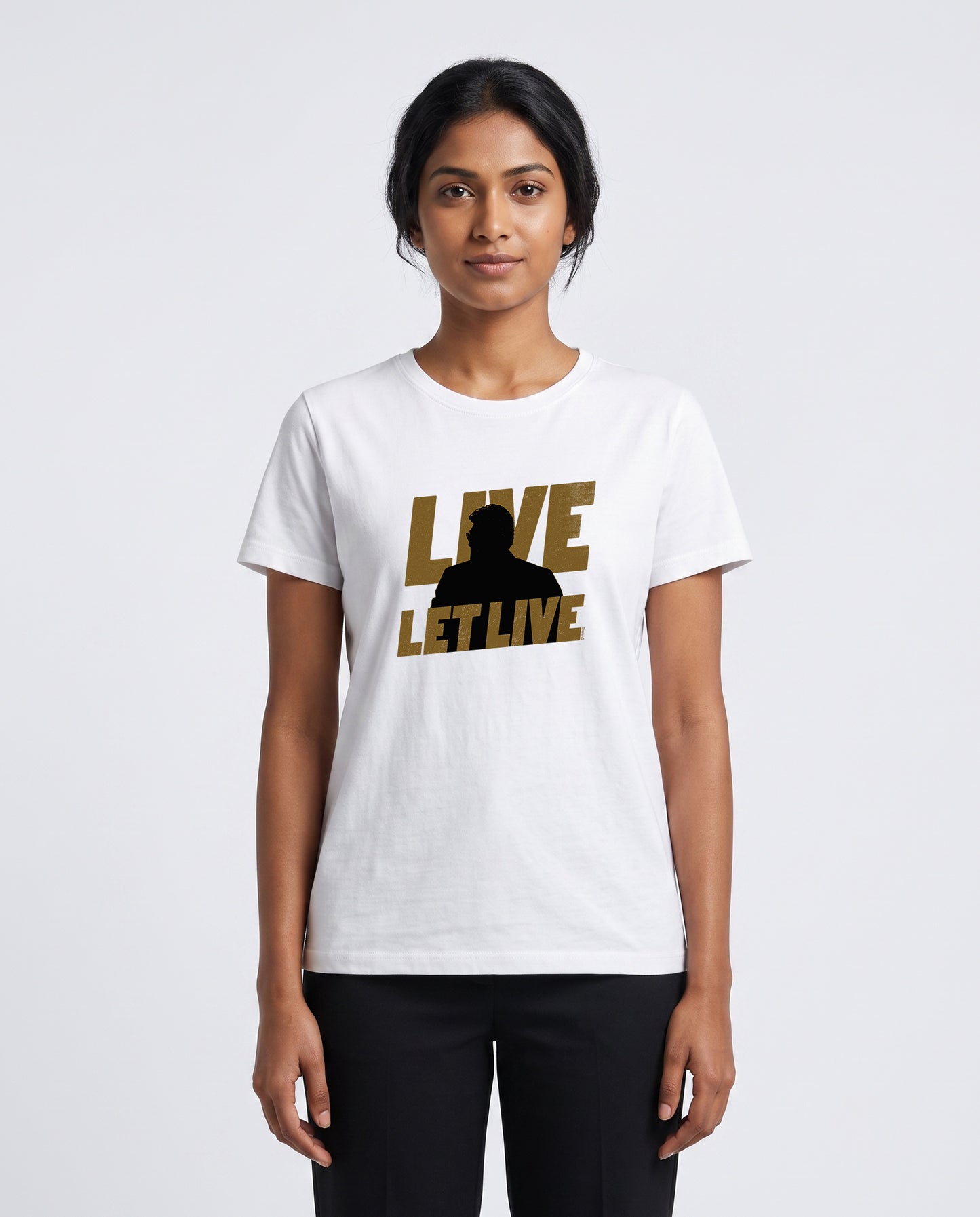 Female model wearing LIVE & LET LIVE women's regular-fit t-shirt in white in a studio setting.