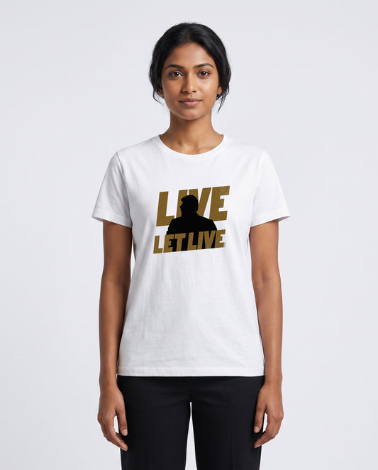 Female model wearing LIVE & LET LIVE women's regular-fit t-shirt in white in a studio setting.