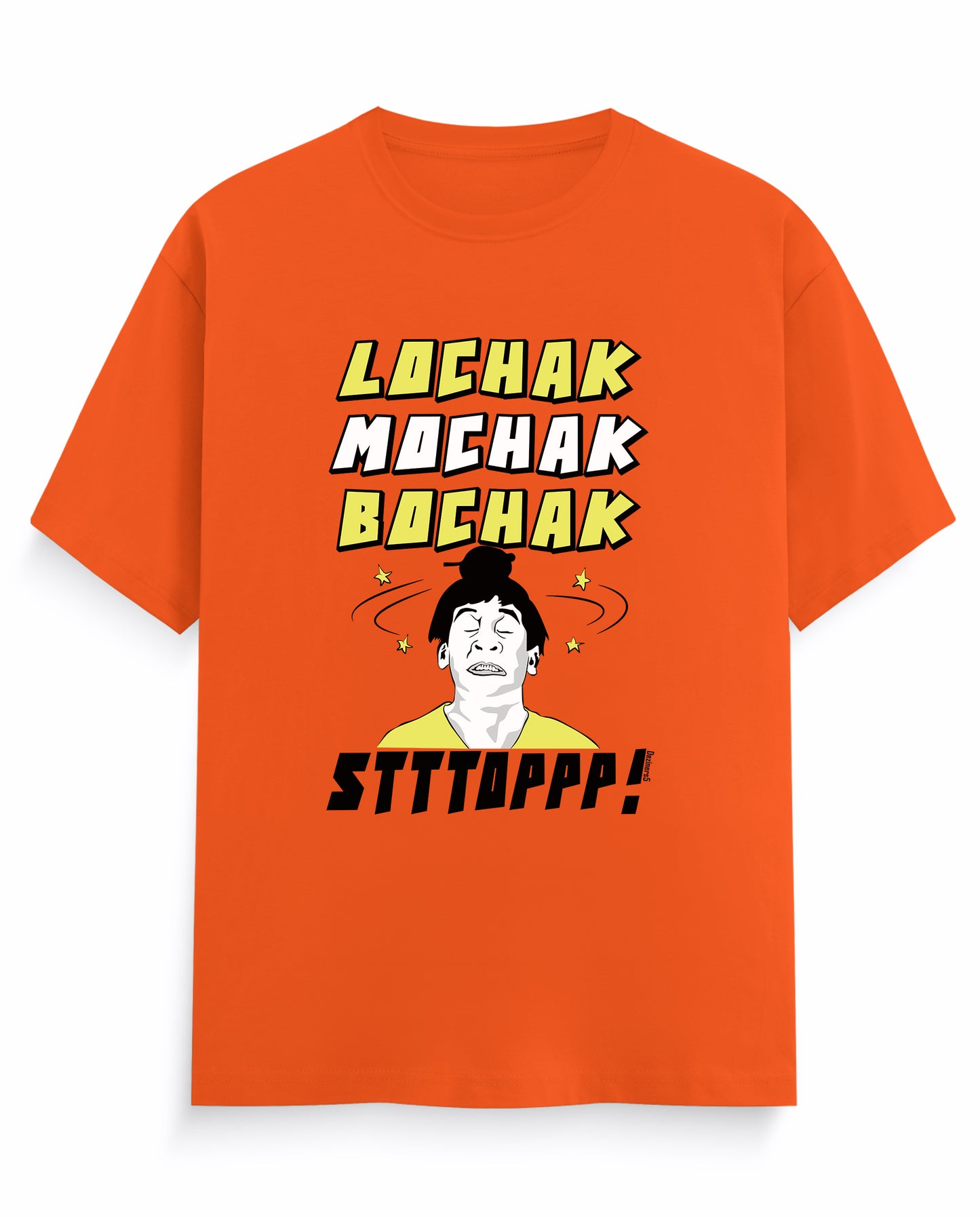 Front view of LOCHAK MOCHAK BOCHAK men's regular-fit t-shirt in orange featuring a Vadivelu-inspired comedy meme design.