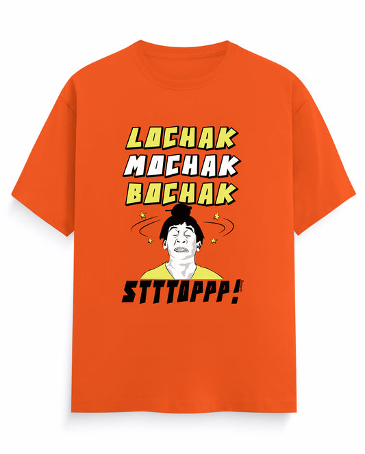 Front view of LOCHAK MOCHAK BOCHAK men's regular-fit t-shirt in orange featuring a Vadivelu-inspired comedy meme design.