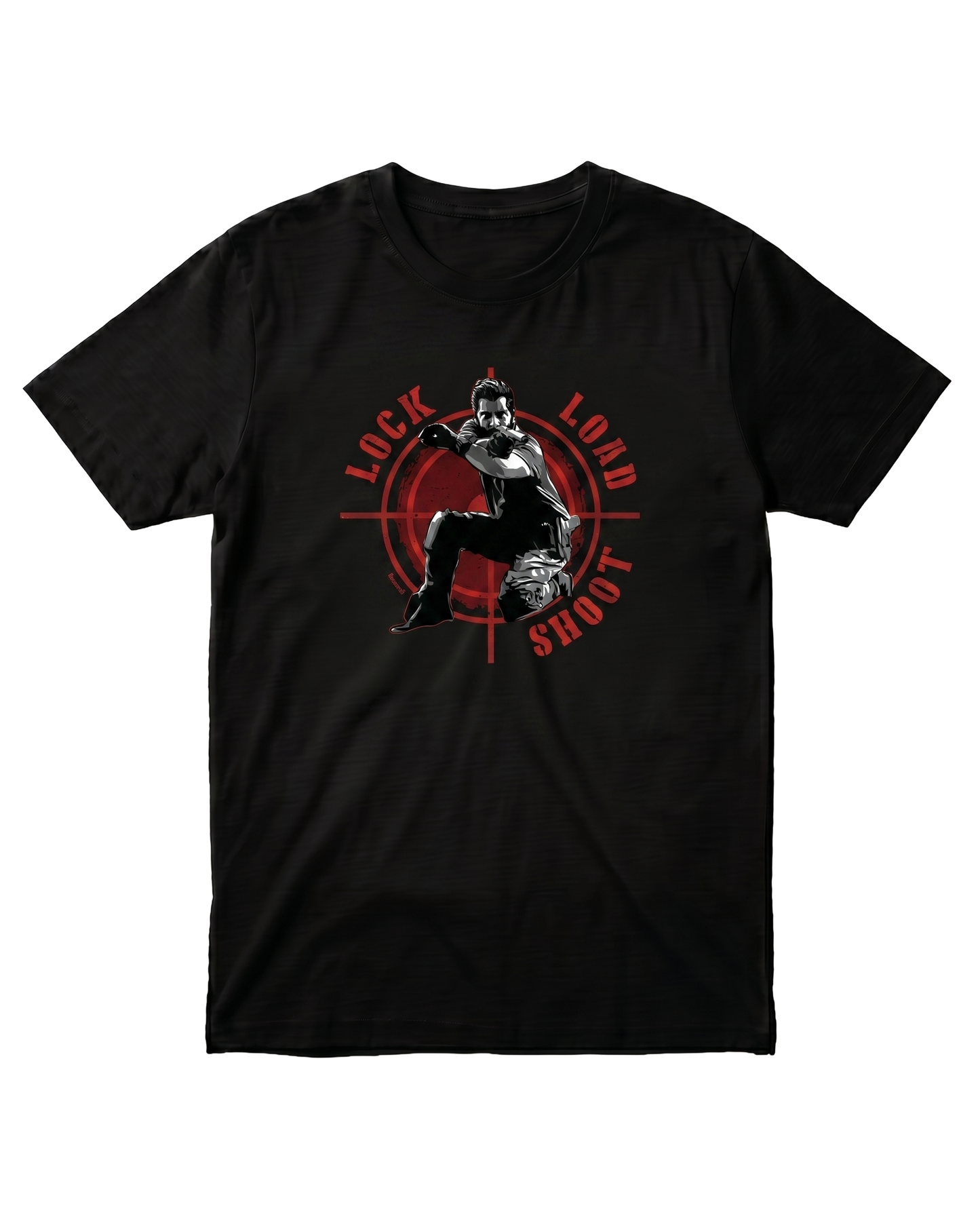 LOCK LOAD SHOOT men's regular-fit t-shirt in black featuring a bold typography and graphic design inspired by precision and focus.