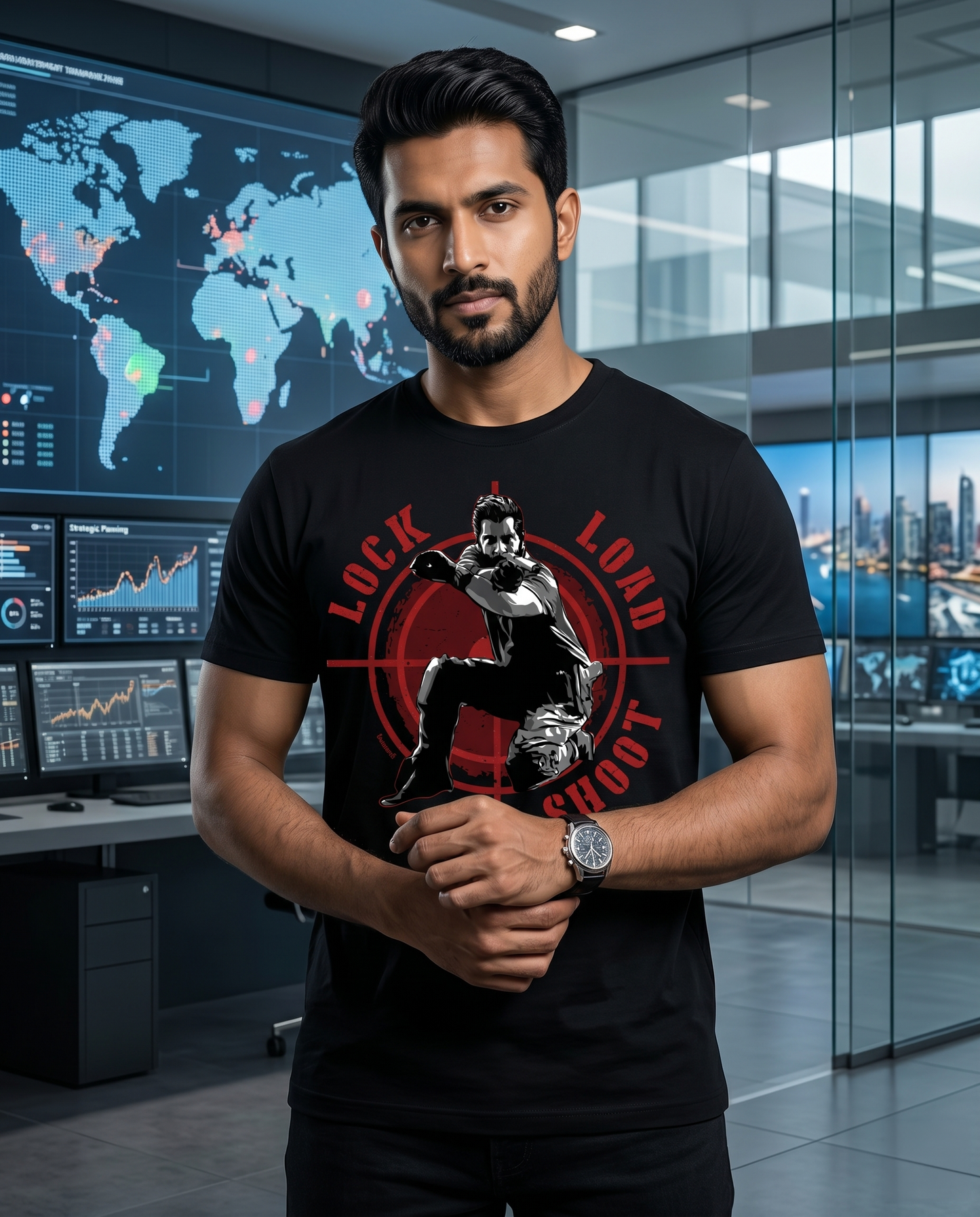 Young South Indian male wearing the LOCK LOAD SHOOT men's regular-fit t-shirt in black in a premium modern professional environment.