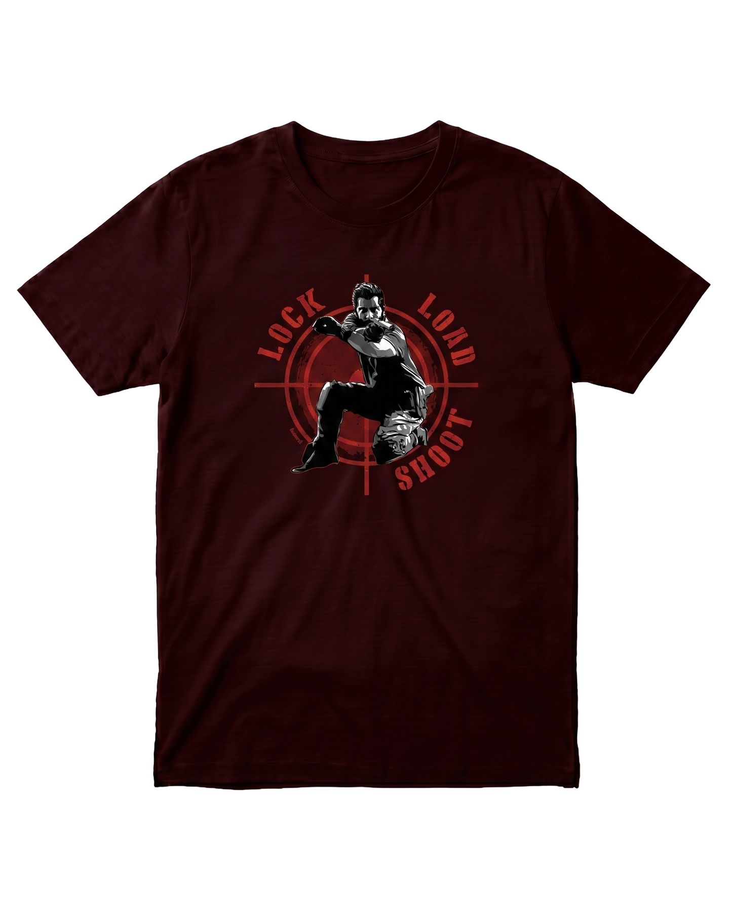 LOCK LOAD SHOOT men's regular-fit t-shirt in maroon featuring a bold typography and graphic design inspired by precision and focus.