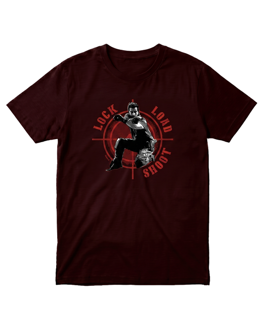 LOCK LOAD SHOOT men's regular-fit t-shirt in maroon featuring a bold typography and graphic design inspired by precision and focus.