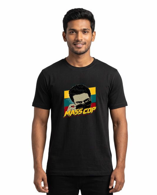Front view of male model wearing MASS COP - Men's Regular Fit T-Shirt in black in a studio setting.