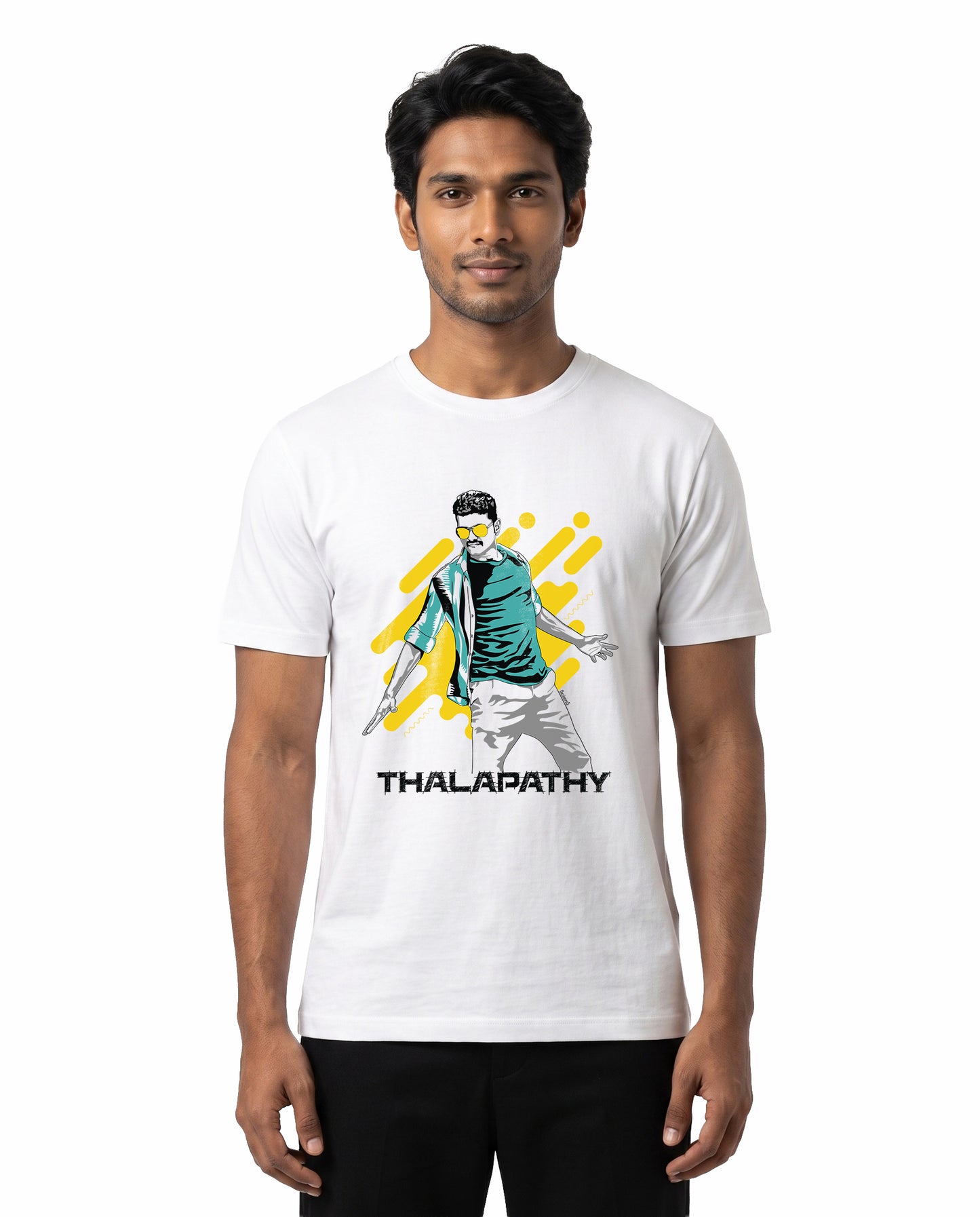 Male model wearing MERSAL MOVES Vijay inspired white men's regular-fit t-shirt in a studio setting.
