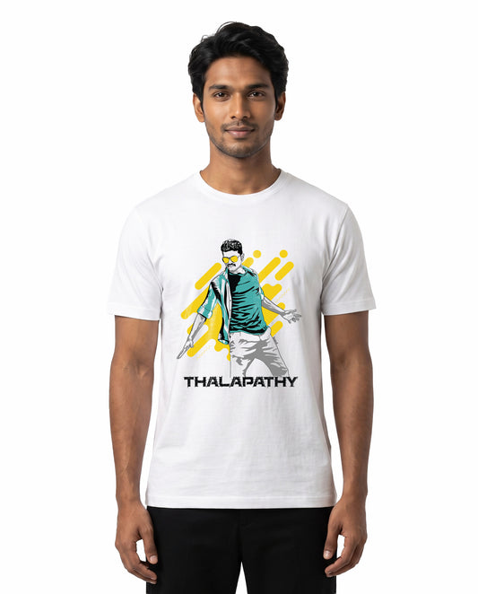 Male model wearing MERSAL MOVES Vijay inspired white men's regular-fit t-shirt in a studio setting.