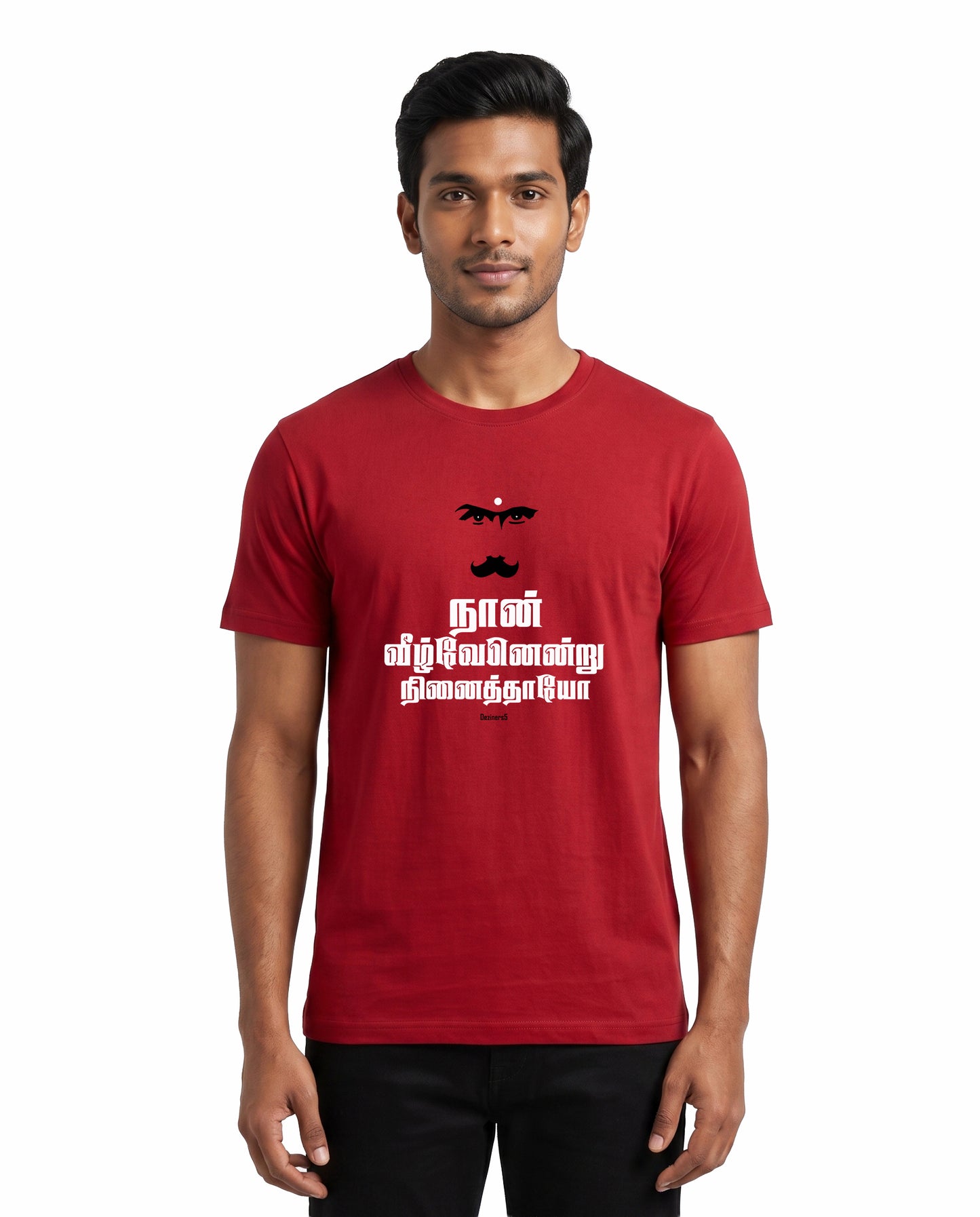 Front view of male model wearing NAAN VEEZHVENENDRU NINAITHAAIYO men's regular-fit t-shirt in red in a studio setting.