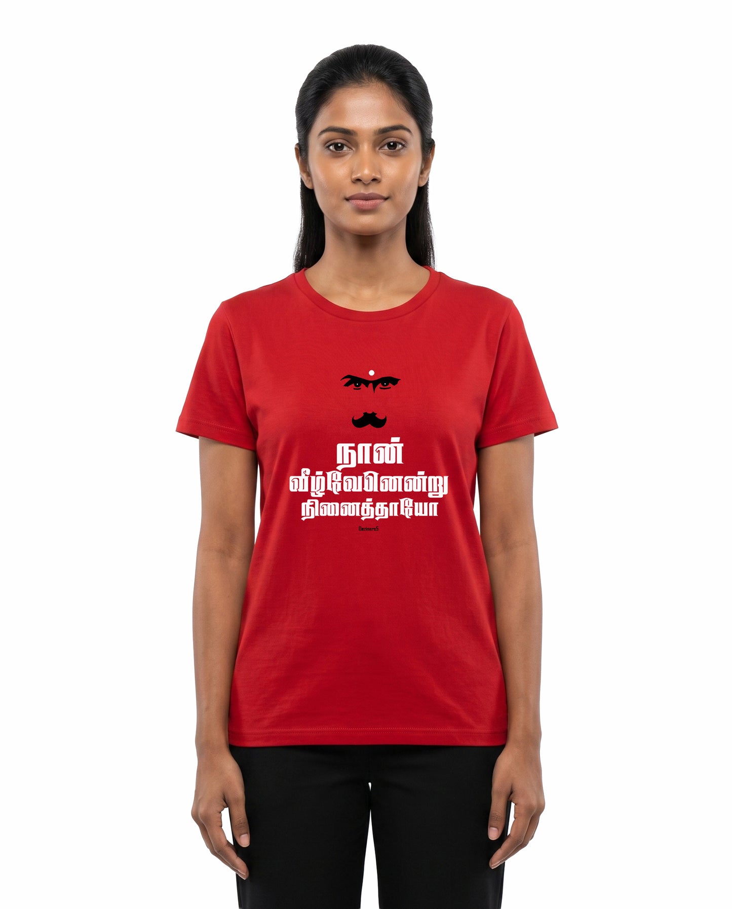 Front view of female model wearing NAAN VEEZHVENENDRU NINAITHAAIYO women's regular-fit t-shirt in red in a studio setting.
