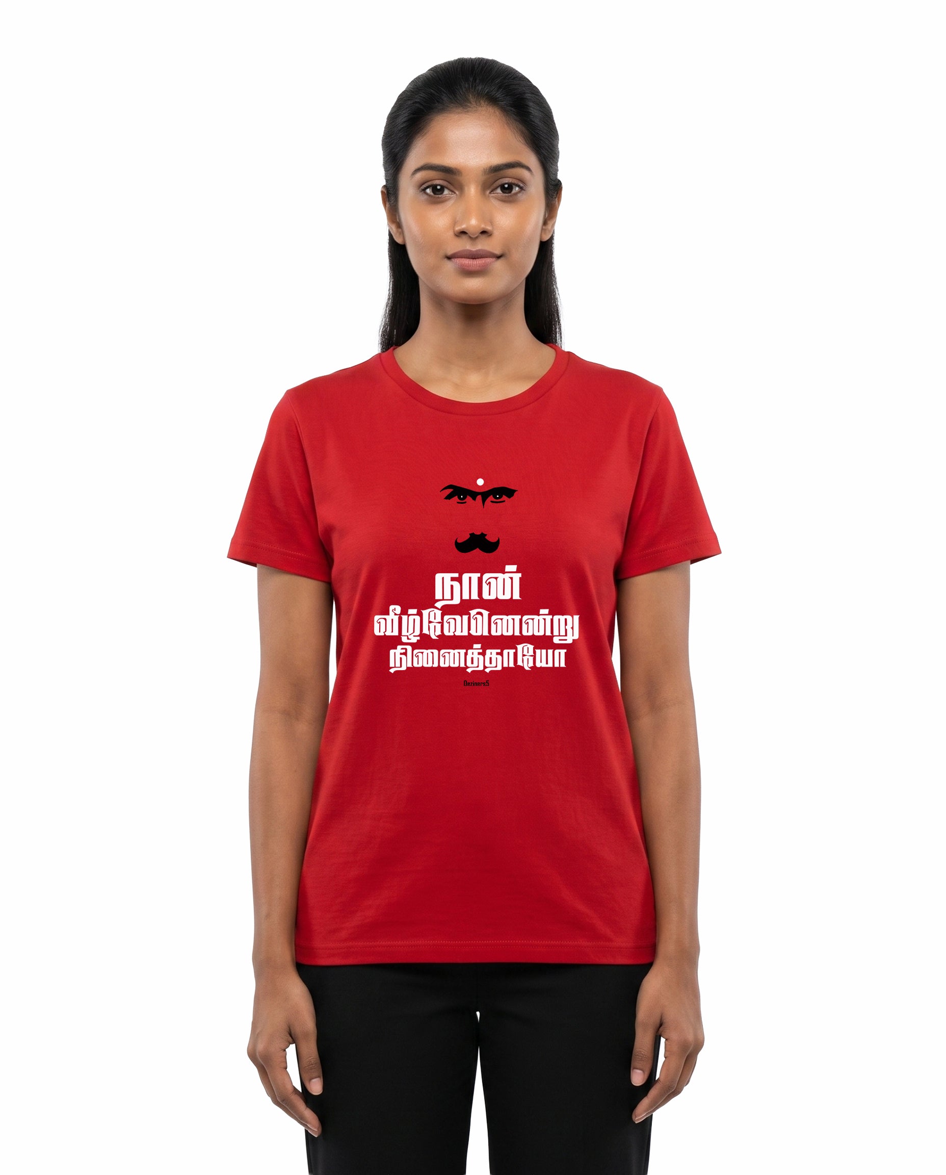 Front view of female model wearing NAAN VEEZHVENENDRU NINAITHAAIYO women's regular-fit t-shirt in red in a studio setting.