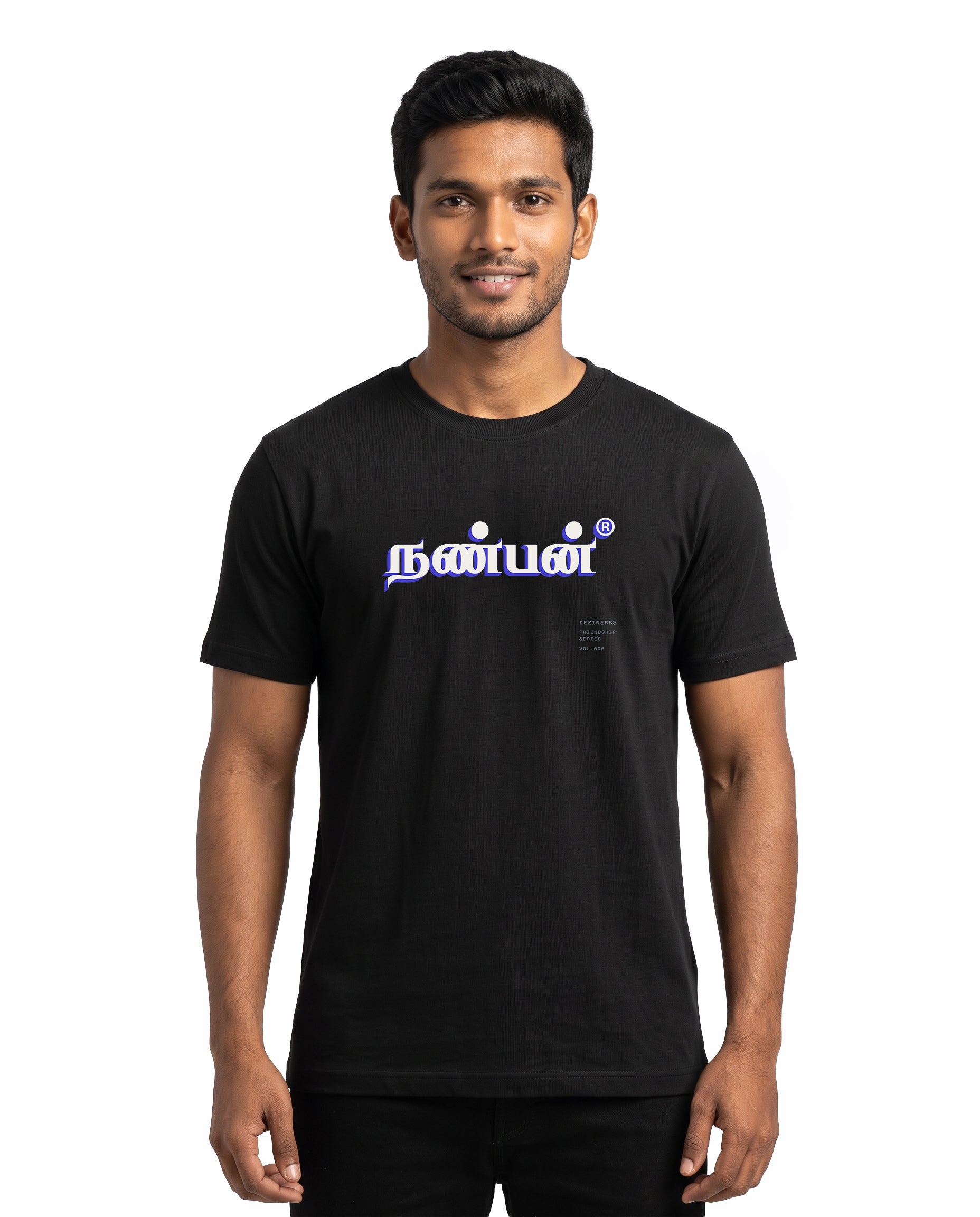 Male model wearing NANBAN men's regular-fit t-shirt in black in a studio setting.