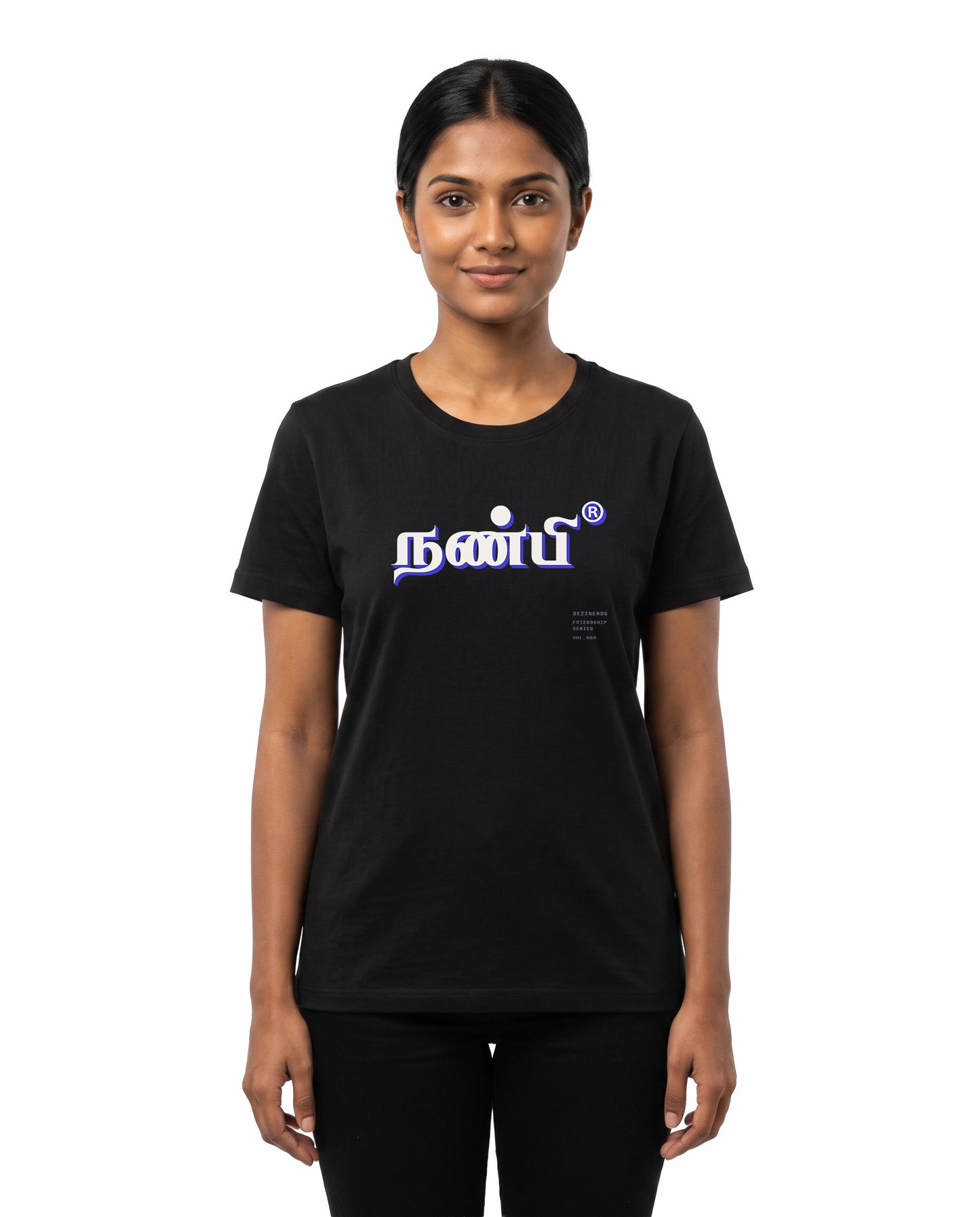 Female model wearing NANBI women's regular-fit t-shirt in black in a studio setting.