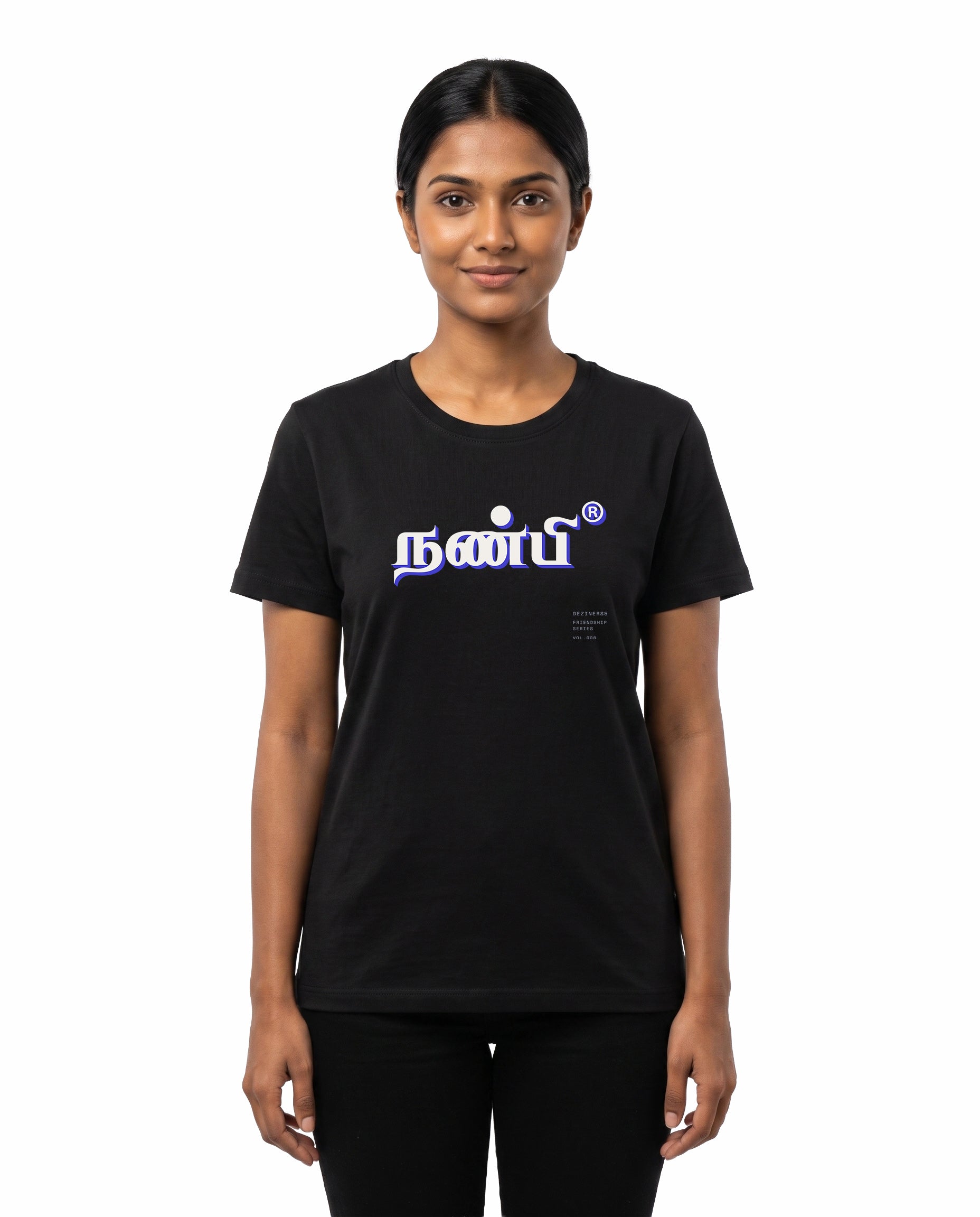 Female model wearing NANBI women's regular-fit t-shirt in black in a studio setting.