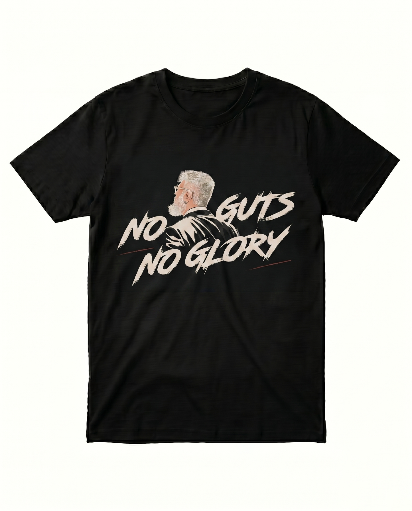 NO GUTS NO GLORY men's regular-fit t-shirt featuring a bold motivational typography and graphic design on a black t-shirt.