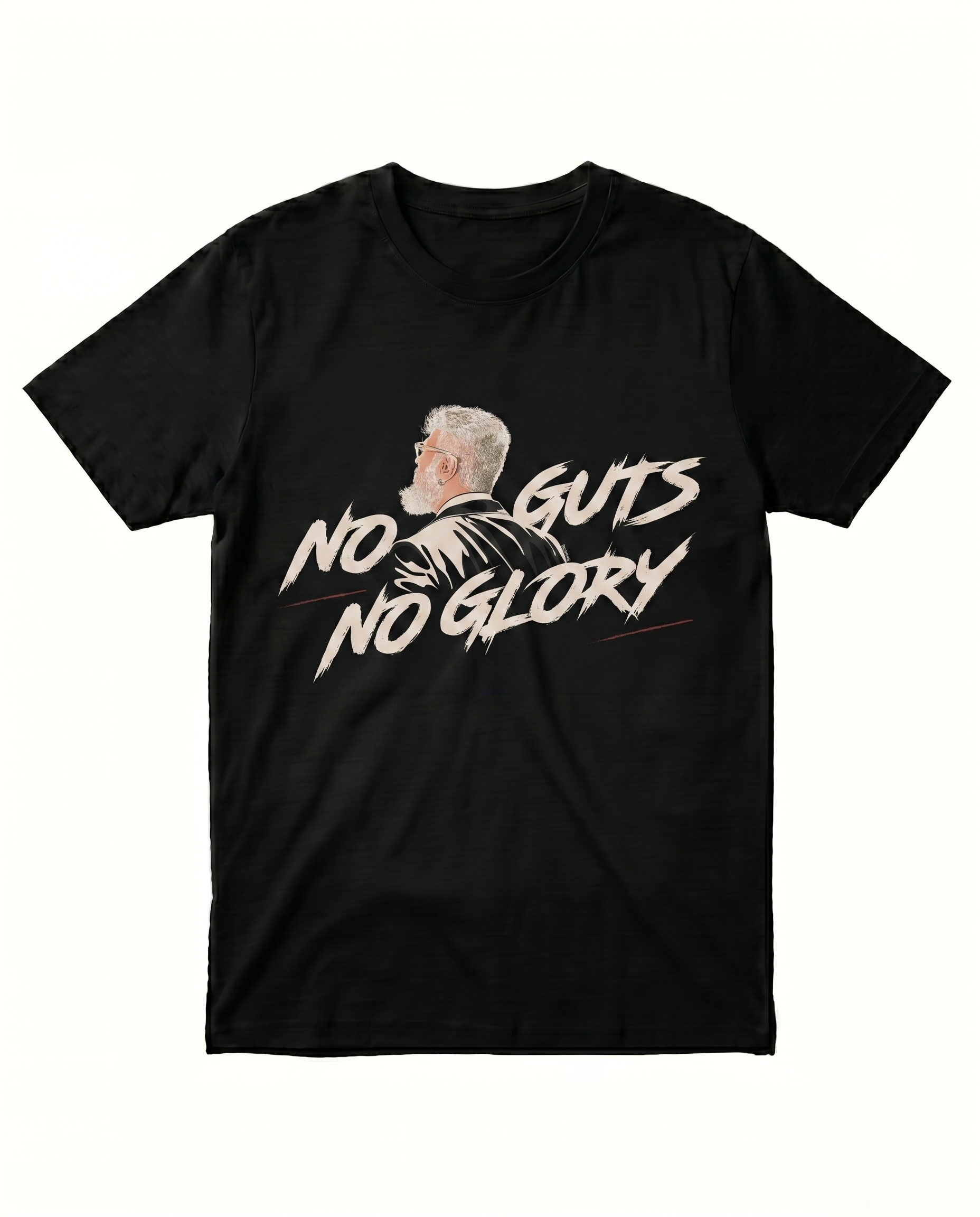 NO GUTS NO GLORY men's regular-fit t-shirt featuring a bold motivational typography and graphic design on a black t-shirt.