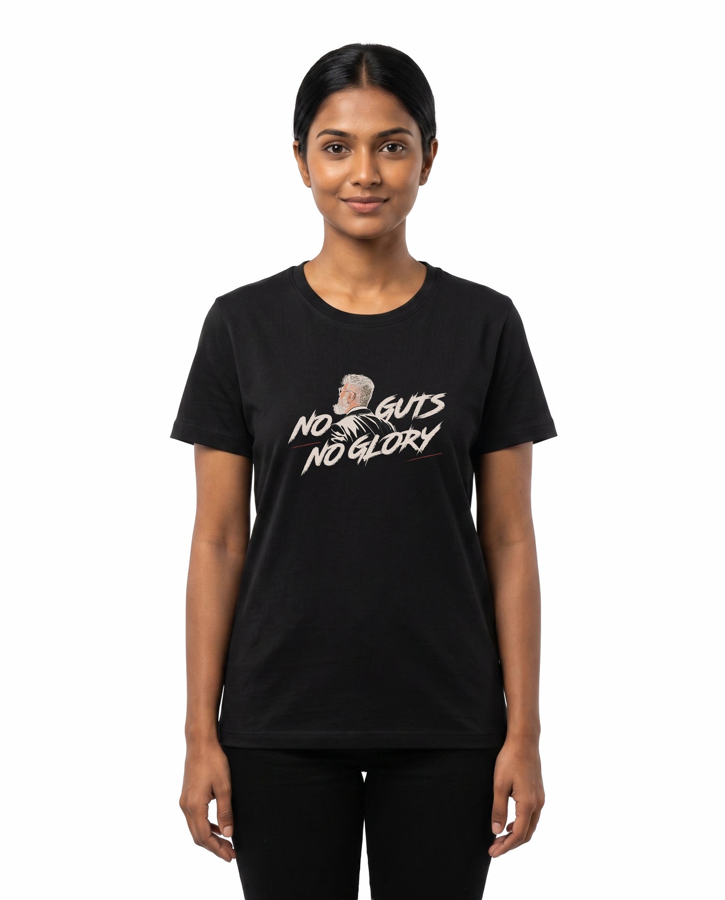 Female model wearing NO GUTS NO GLORY women's regular-fit t-shirt in black in a studio setting.