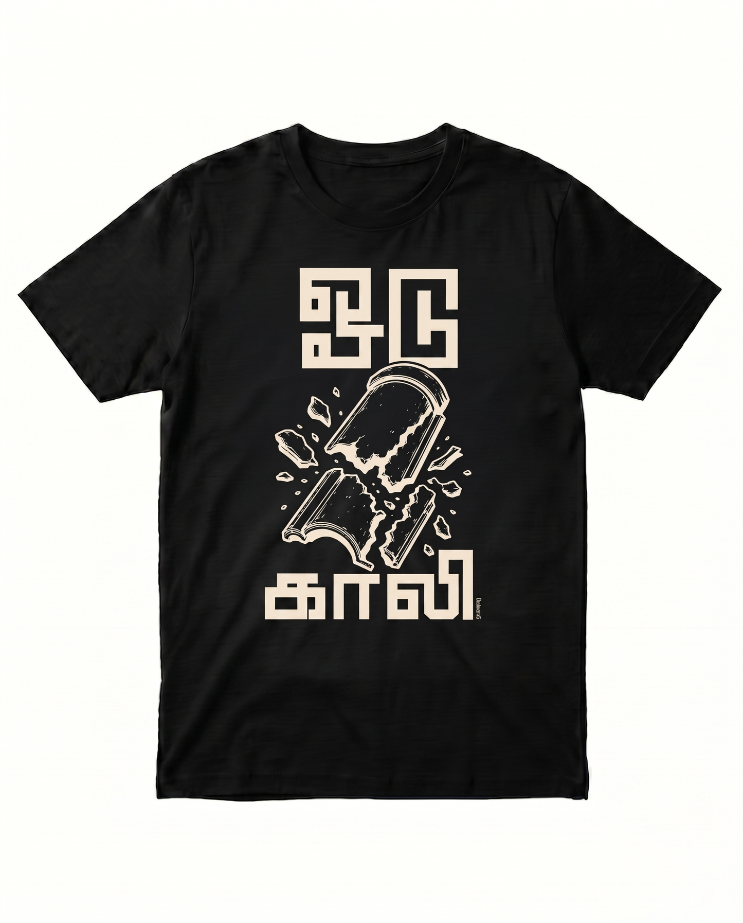 ODUGAALI men's regular-fit t-shirt in black featuring a Tamil typography design with a broken roof tile graphic inspired by playful Tamil wordplay and humor.