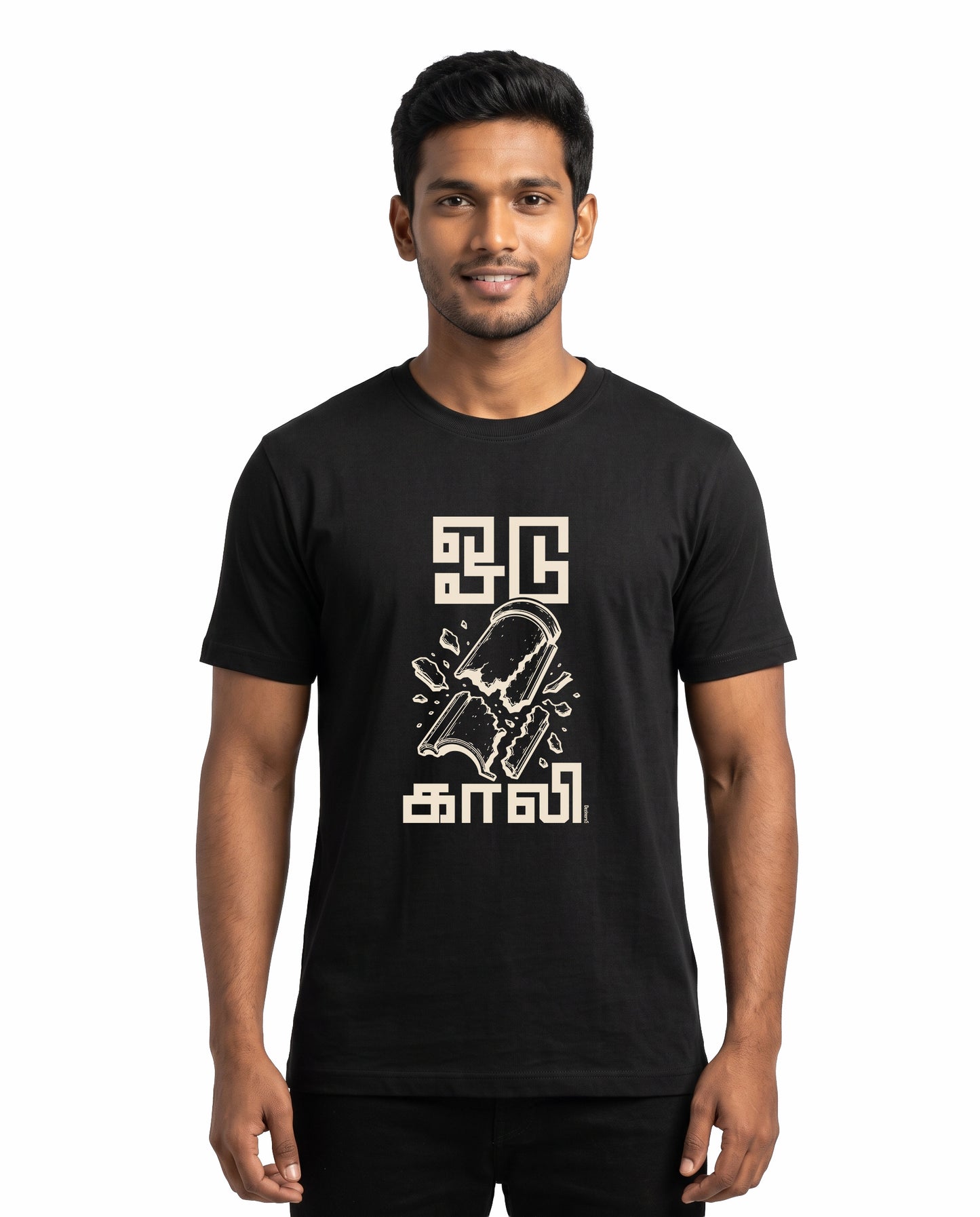 Male model wearing ODUGAALI men's regular-fit t-shirt in black in a studio setting.