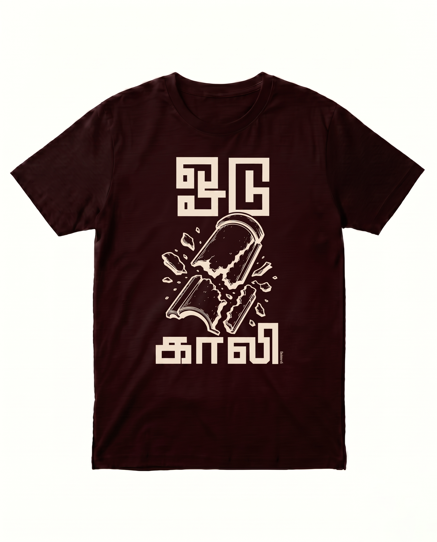 ODUGAALI men's regular-fit t-shirt in maroon featuring a Tamil typography design with a broken roof tile graphic inspired by playful Tamil wordplay and humor.