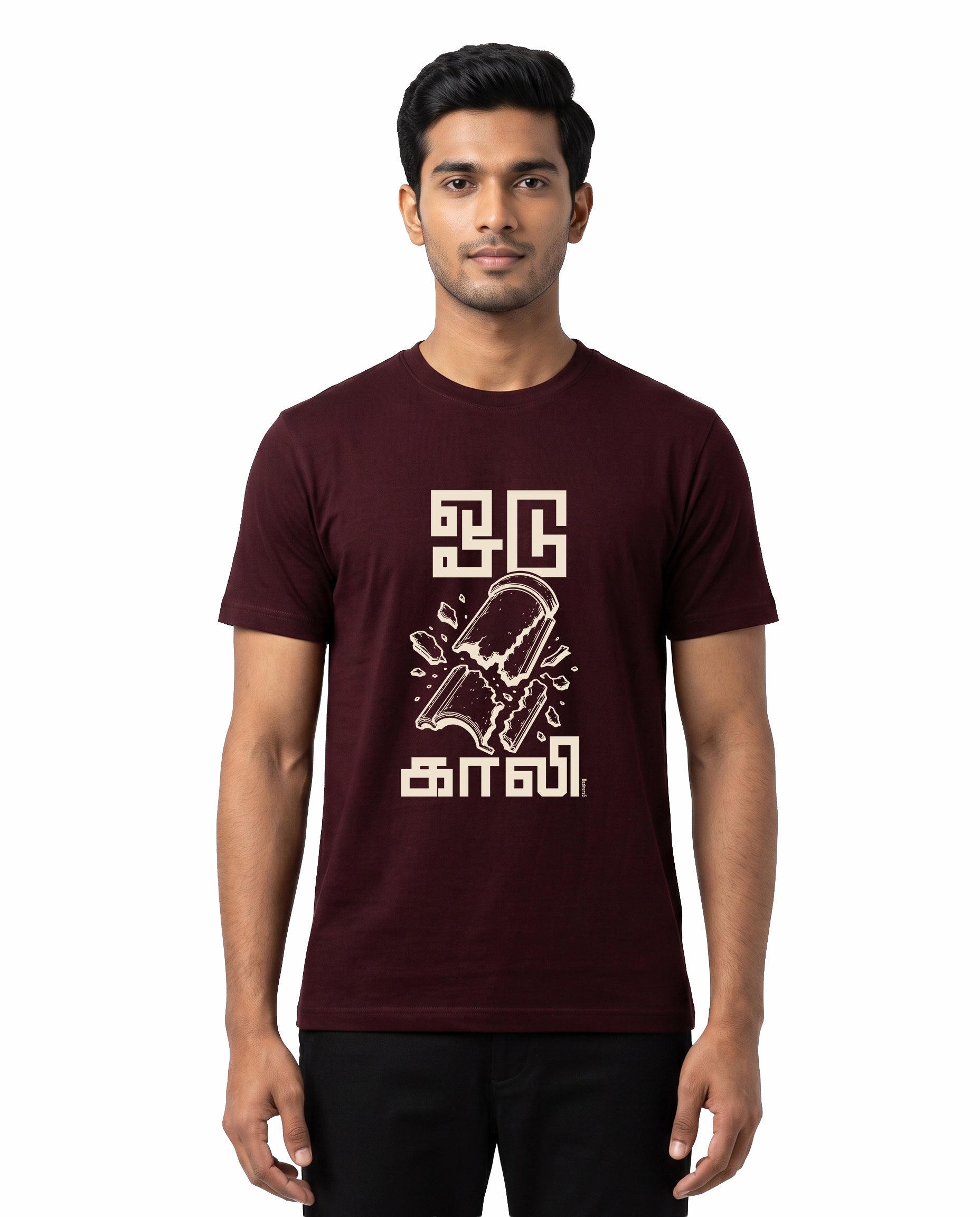Male model wearing ODUGAALI men's regular-fit t-shirt in maroon in a studio setting.