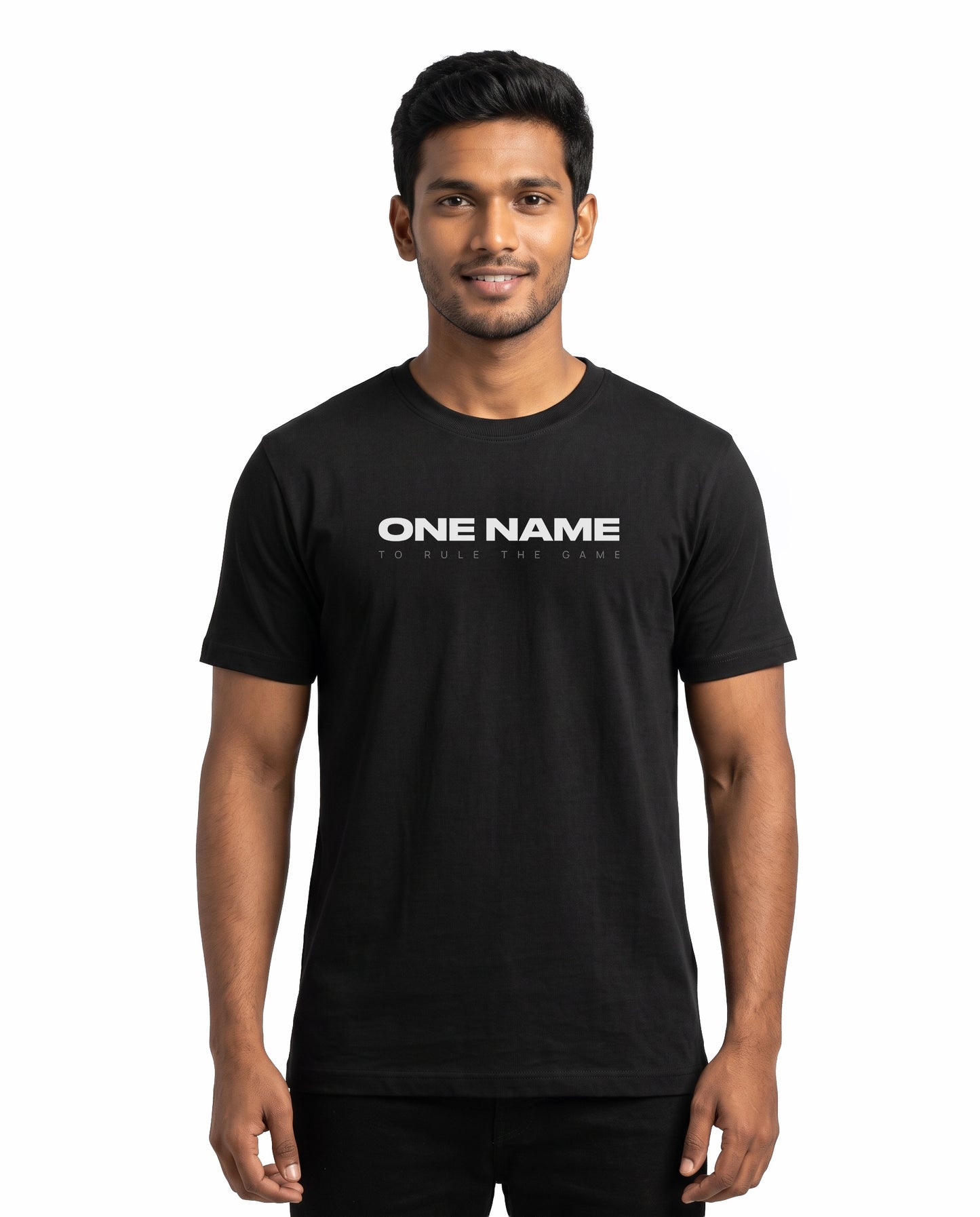 Front view of male model wearing ONE NAME men's regular-fit t-shirt in black in a studio setting.