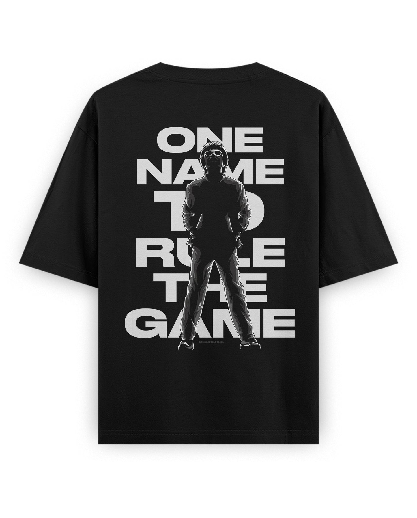 Back view of ONE NAME unisex oversized graphic t-shirt in black.