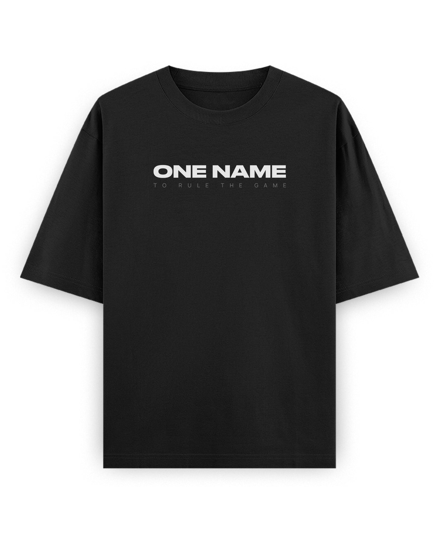 Front view of ONE NAME unisex oversized graphic t-shirt in black.