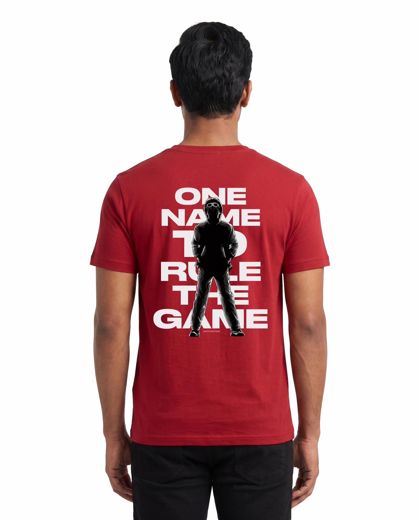 Back view of male model wearing ONE NAME men's regular-fit t-shirt in red in a studio setting.