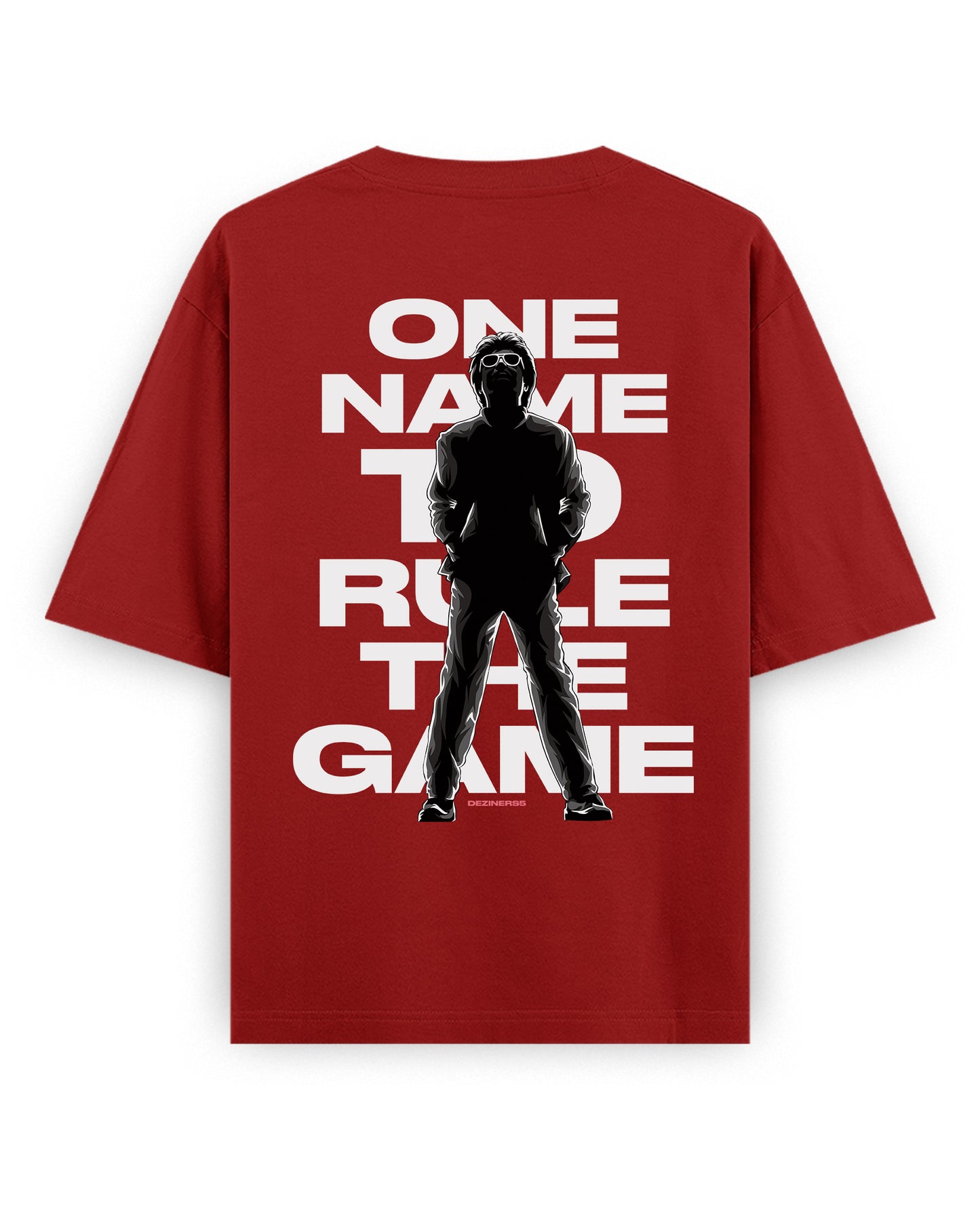 Back view of ONE NAME unisex oversized graphic t-shirt in red.