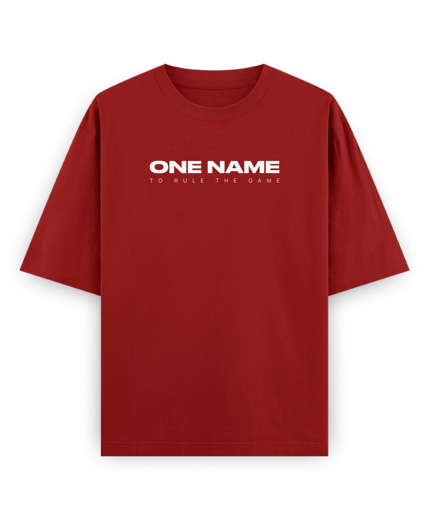 Front view of ONE NAME unisex oversized graphic t-shirt in red.
