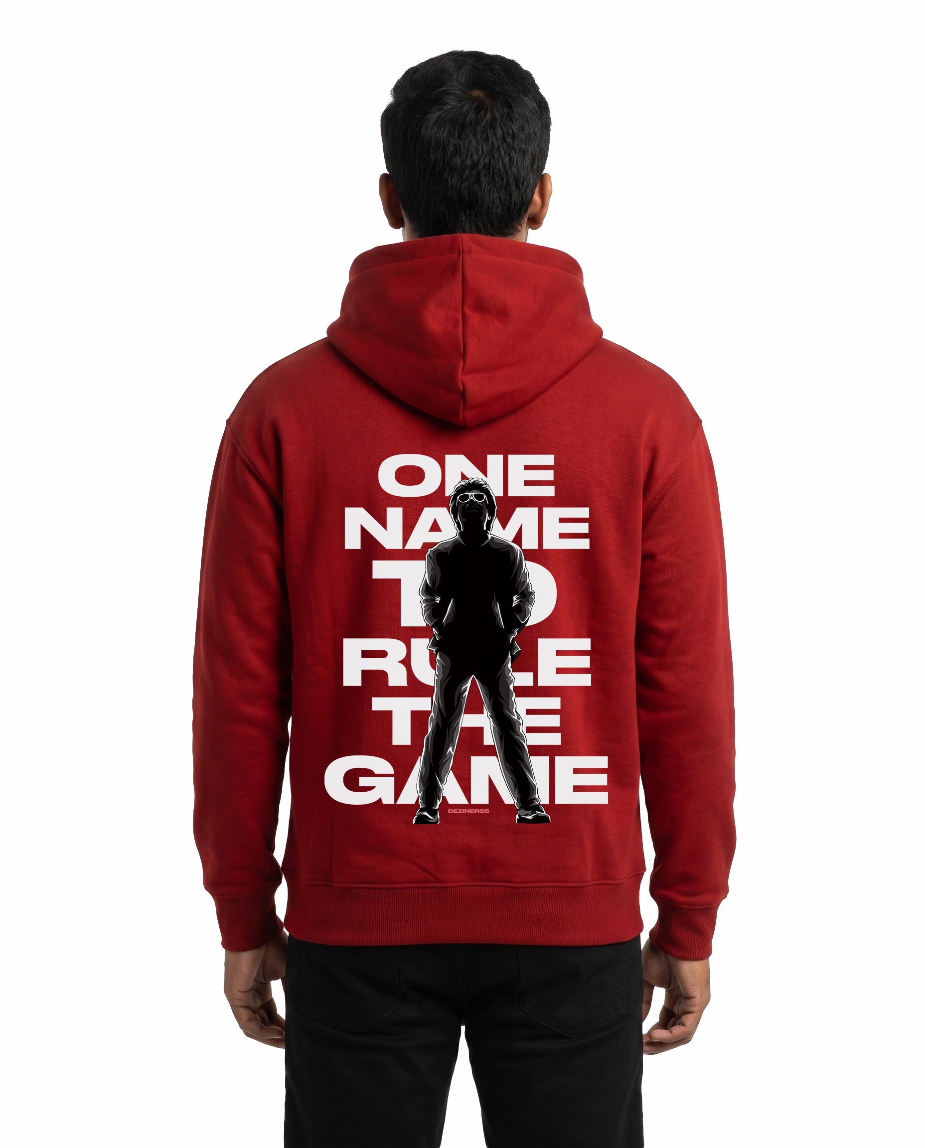 Back view of male model wearing ONE NAME unisex regular-fit hoodie in red in a studio setting.